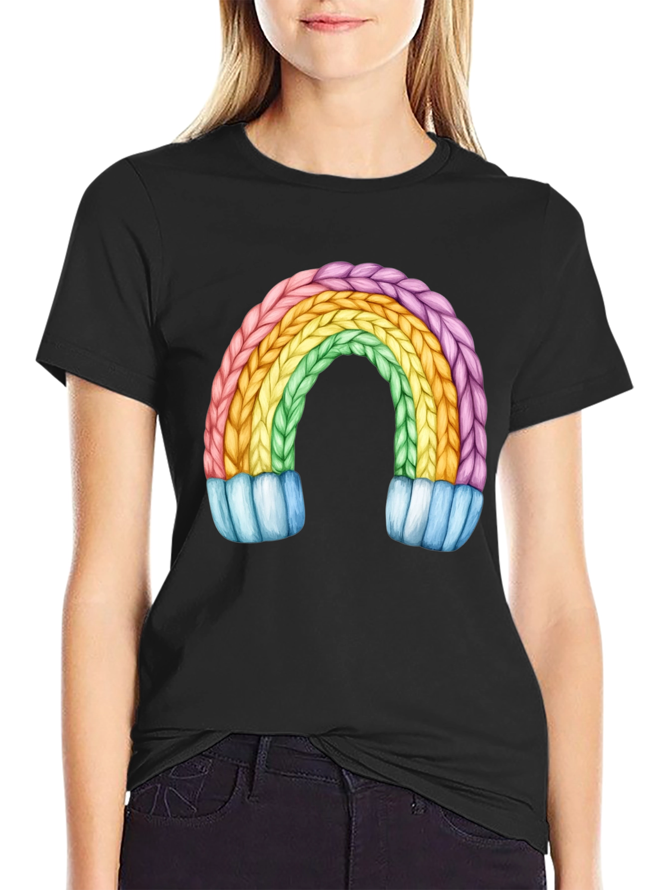 Rainbow Knit Design Black T-Shirt