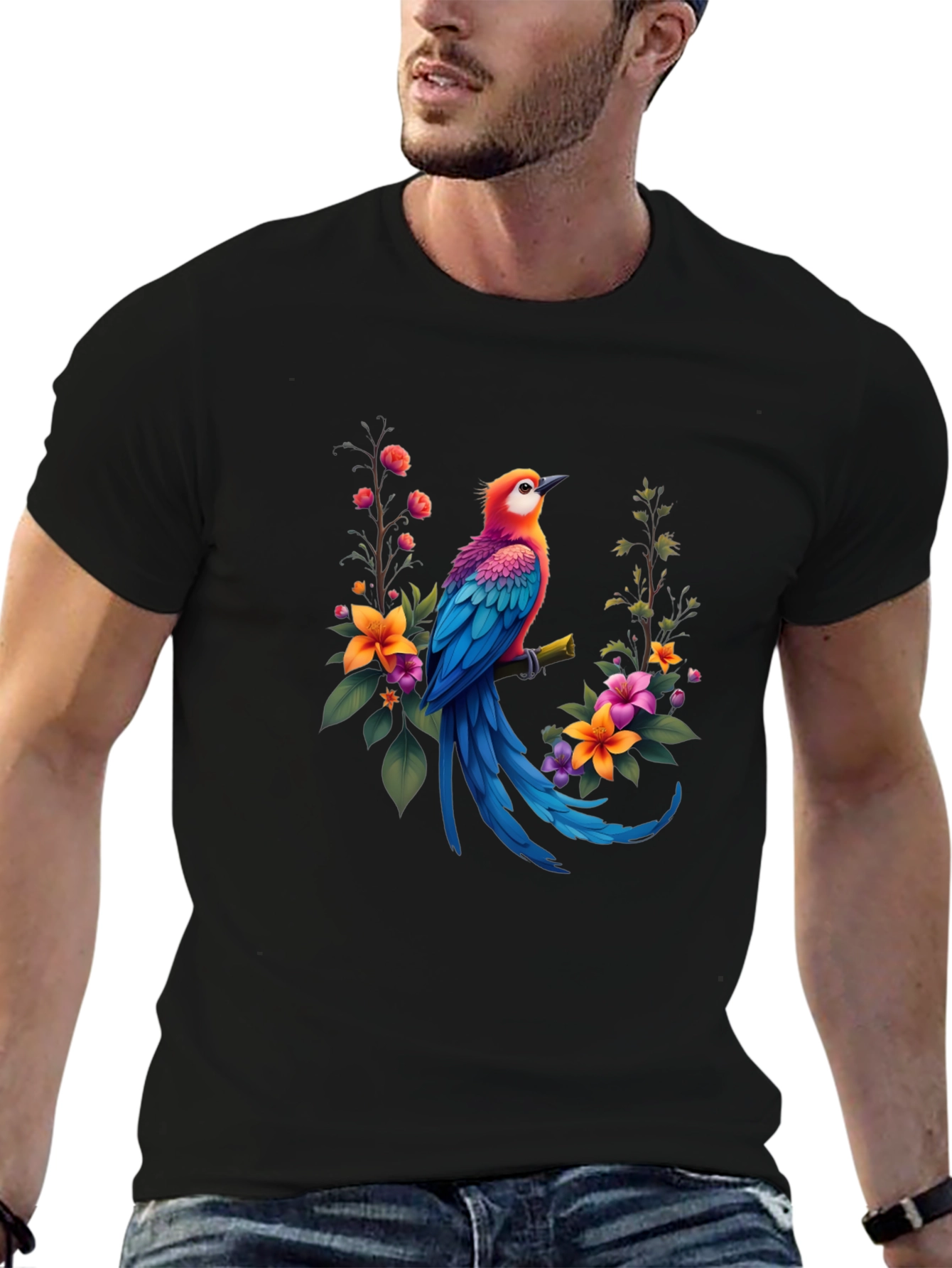 Bird & Floral Print Black T-Shirt