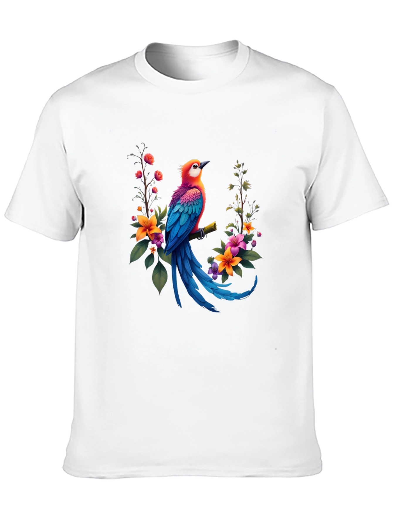 Bird & Floral Print Black T-Shirt