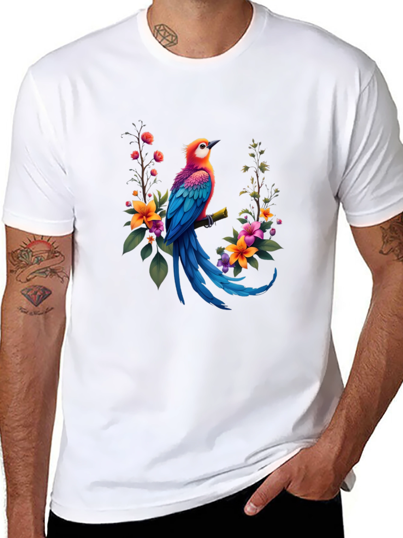 Bird & Floral Print Black T-Shirt