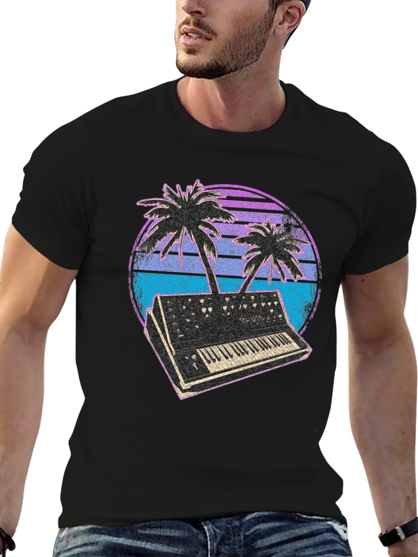 Synthwave T-Shirt - Retro Keyboard & Palms Design