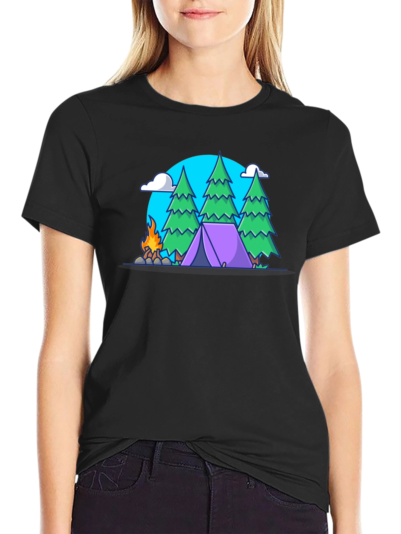 Camping Adventure Graphic Tee - Black Cotton Shirt