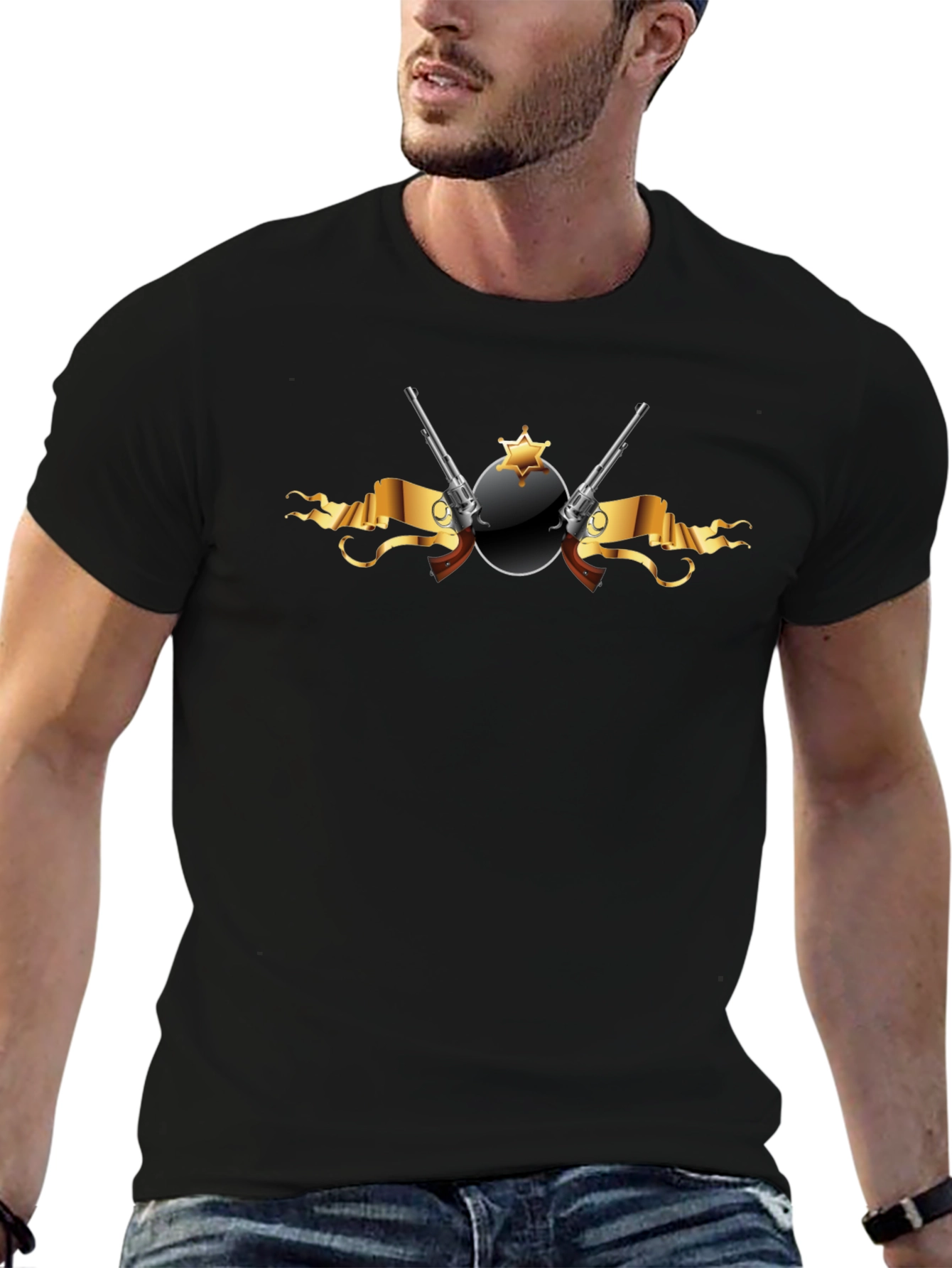 Black T-Shirt with Sheriff Badge & Revolver Graphic