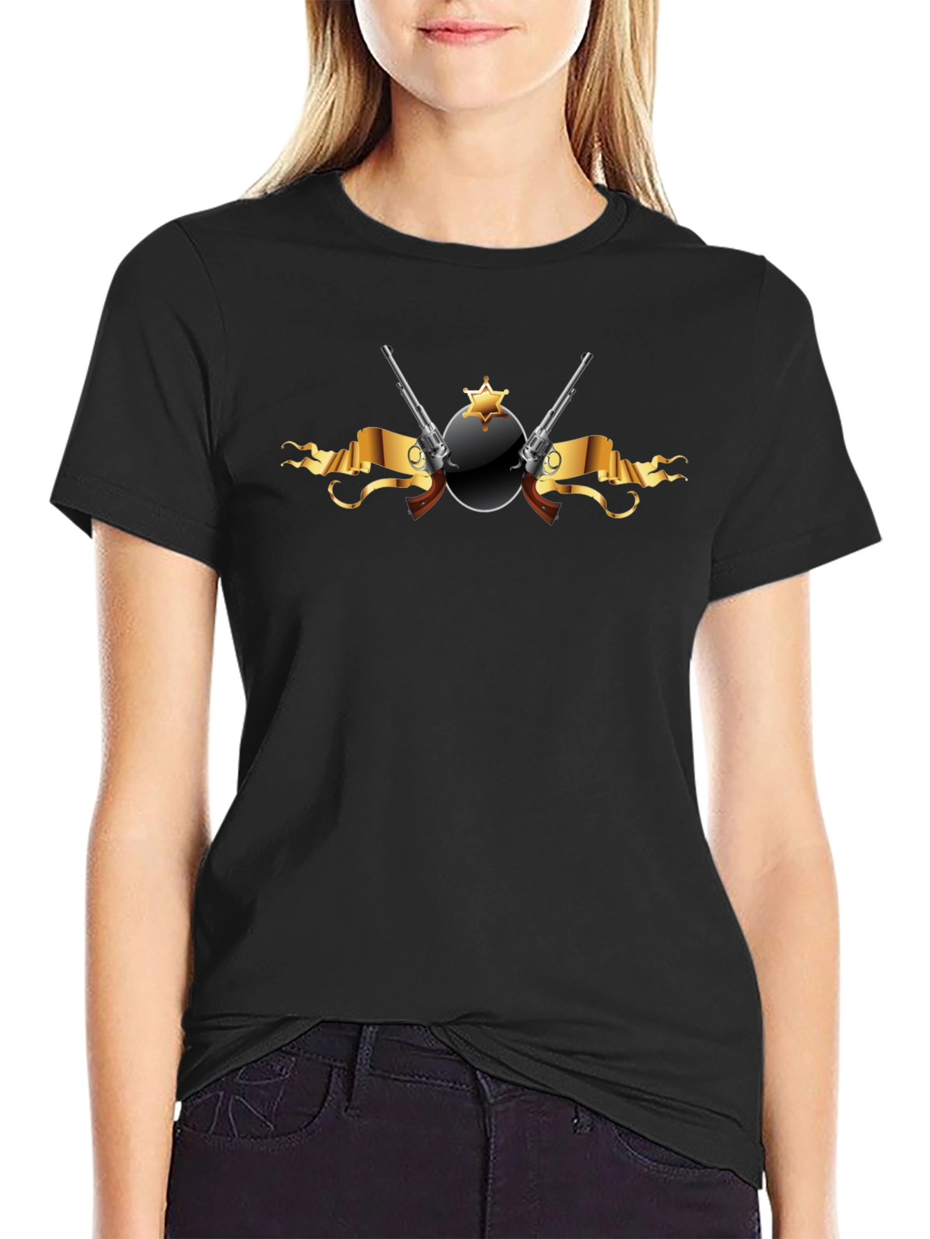 Black T-Shirt with Sheriff Badge & Revolver Graphic