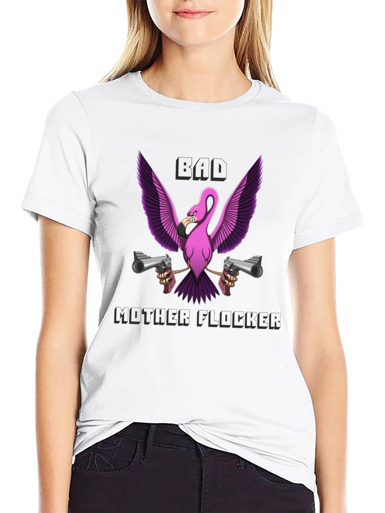 Bad Mother Flocker T-Shirt - Pink Flamingo with Guns