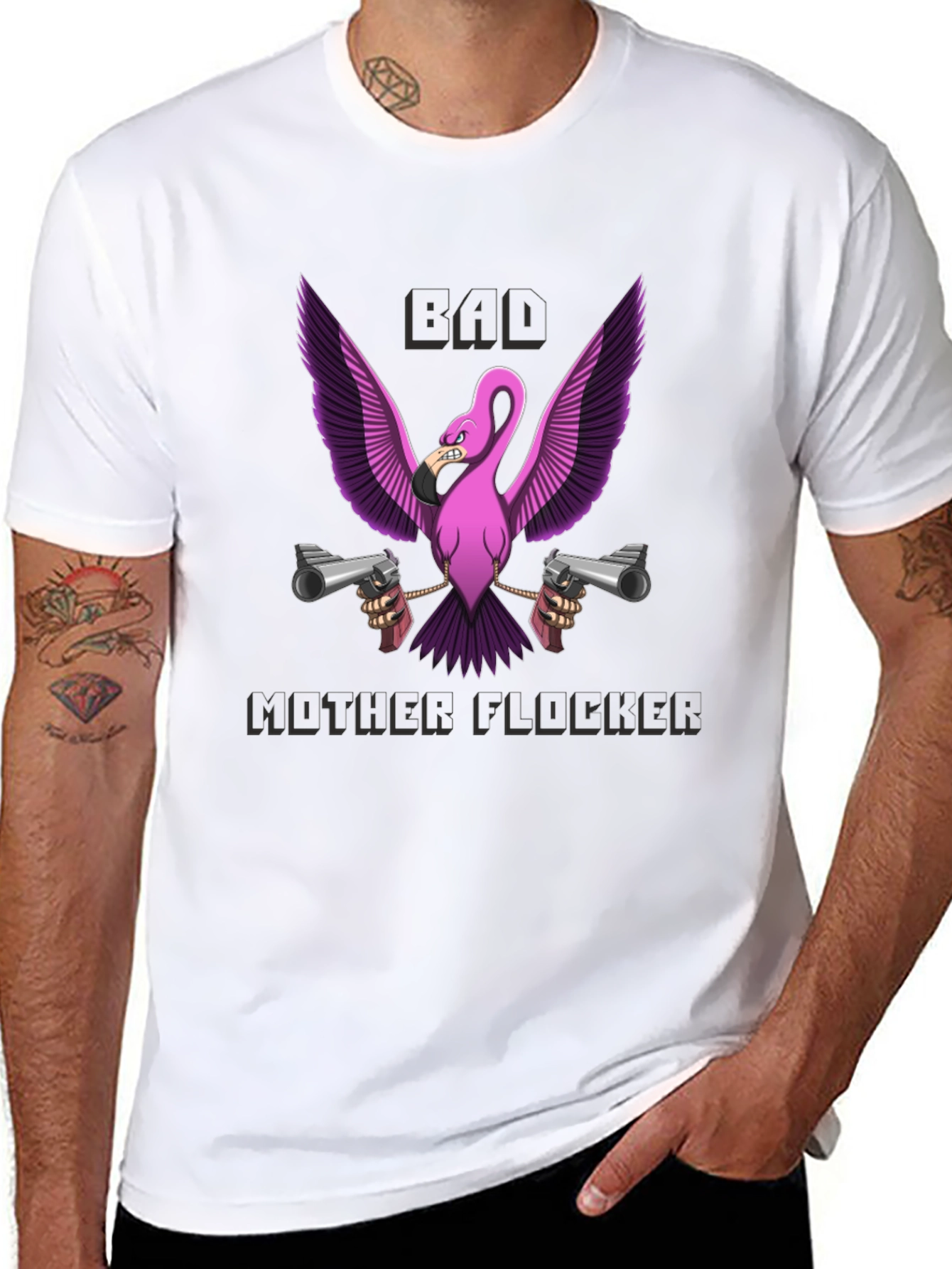 Bad Mother Flocker T-Shirt - Pink Flamingo with Guns