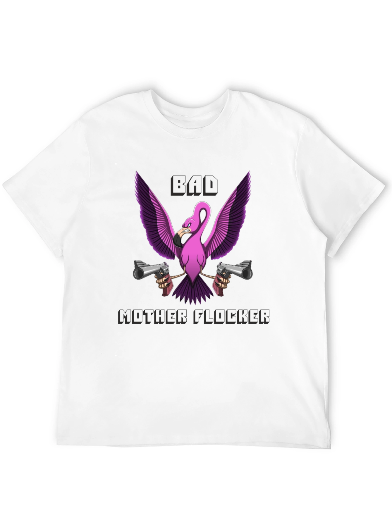Bad Mother Flocker T-Shirt - Pink Flamingo with Guns
