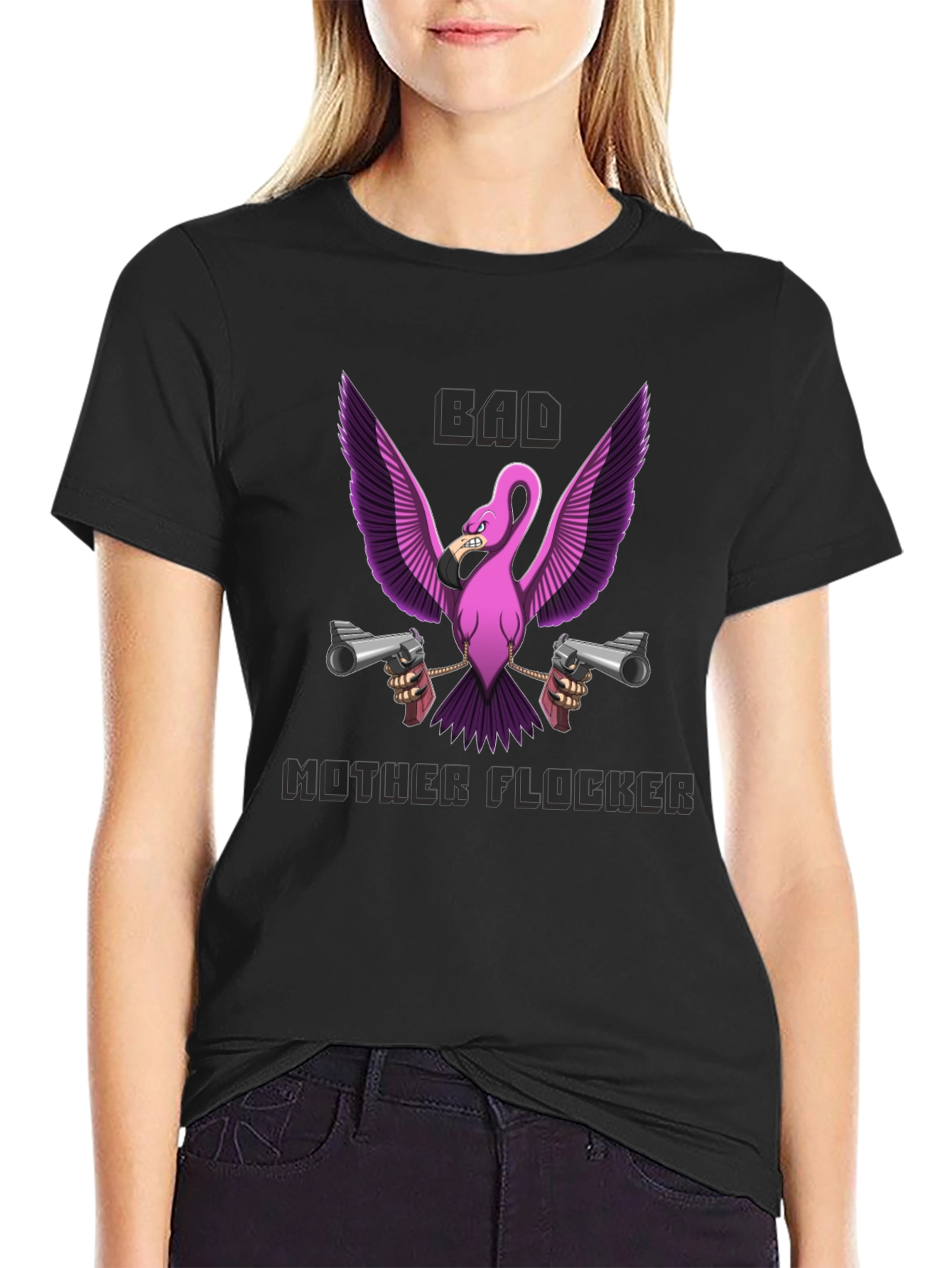 Bad Mother Flocker T-Shirt - Pink Flamingo with Guns