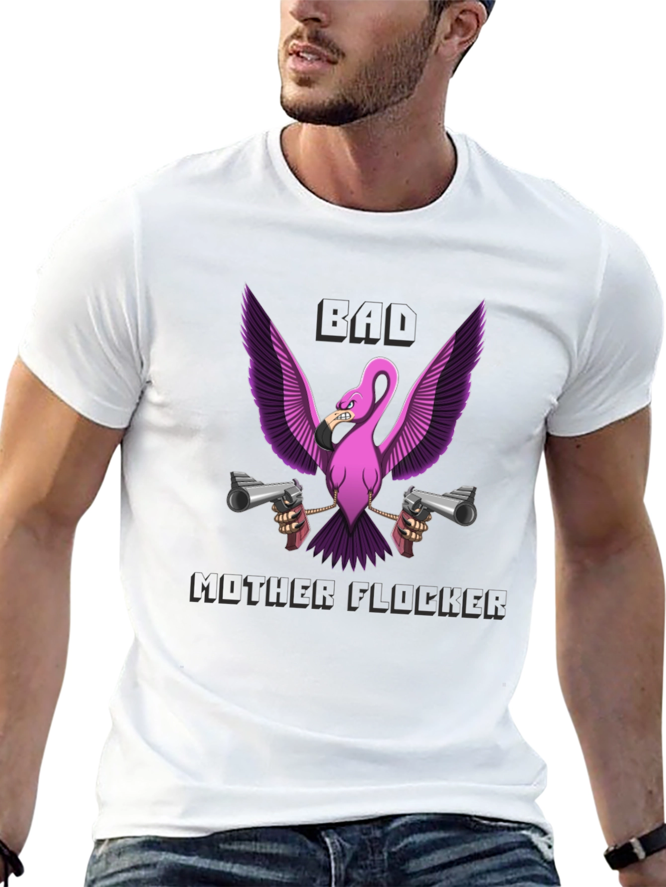 Bad Mother Flocker T-Shirt - Pink Flamingo with Guns