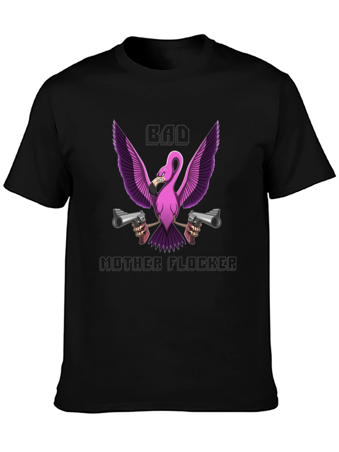 Bad Mother Flocker T-Shirt - Pink Flamingo with Guns