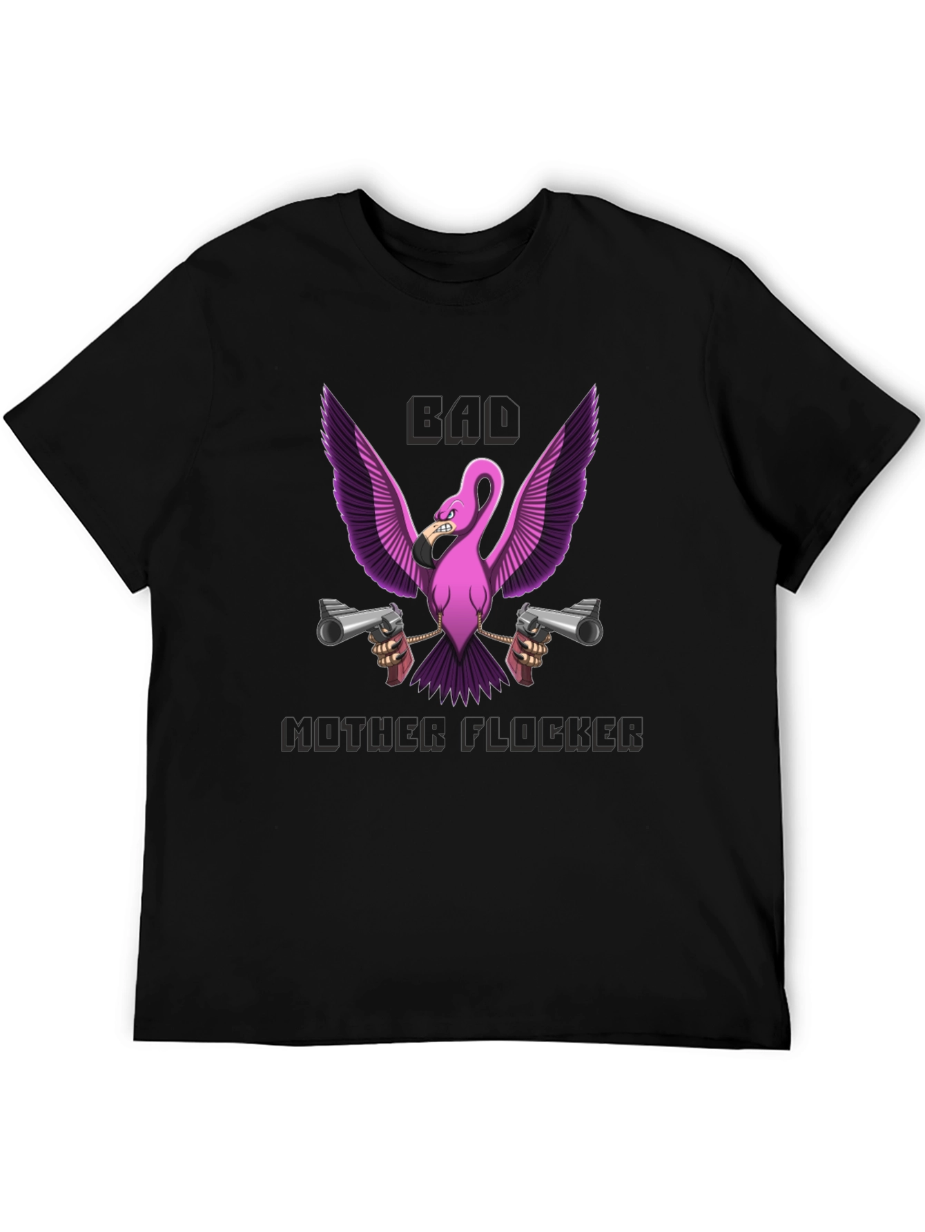 Bad Mother Flocker T-Shirt - Pink Flamingo with Guns
