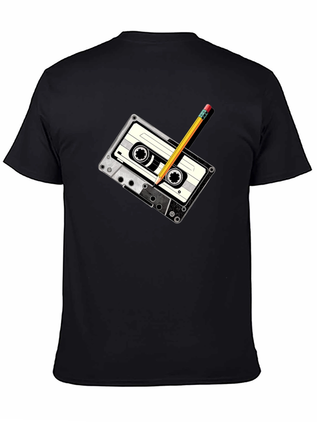 Retro Cassette Tape & Pencil Graphic T-Shirt - Black