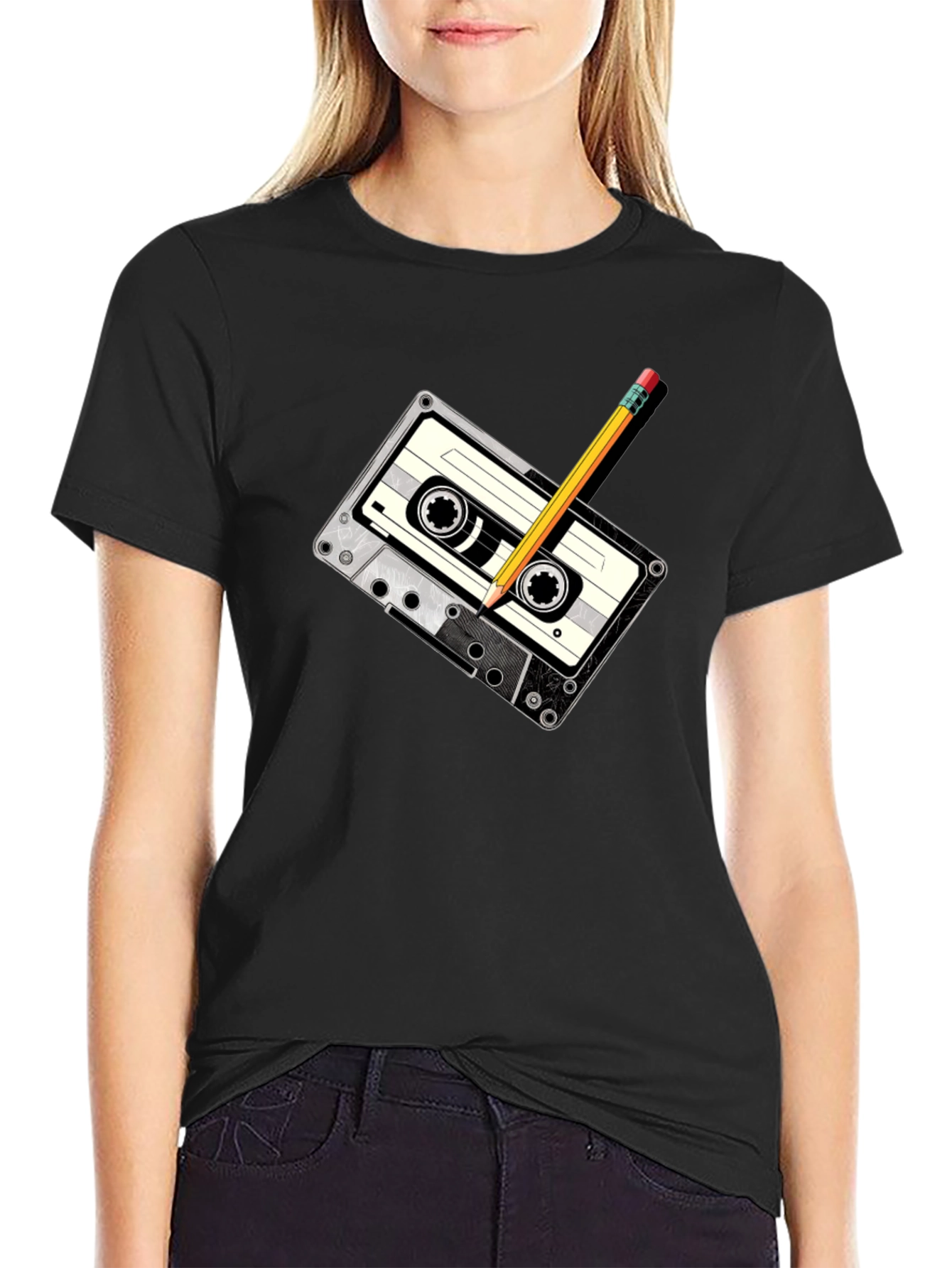Retro Cassette Tape & Pencil Graphic T-Shirt - Black
