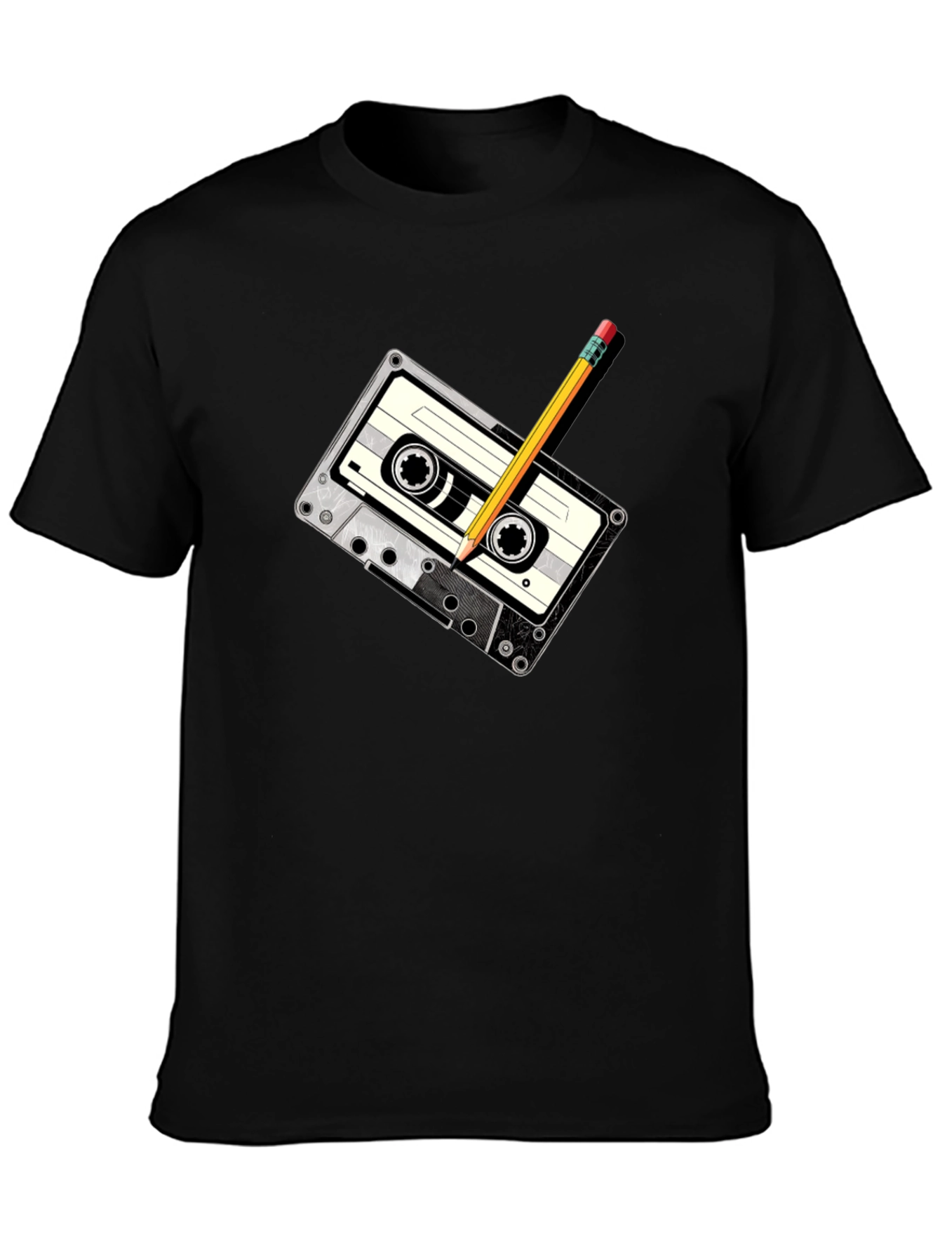 Retro Cassette Tape & Pencil Graphic T-Shirt - Black
