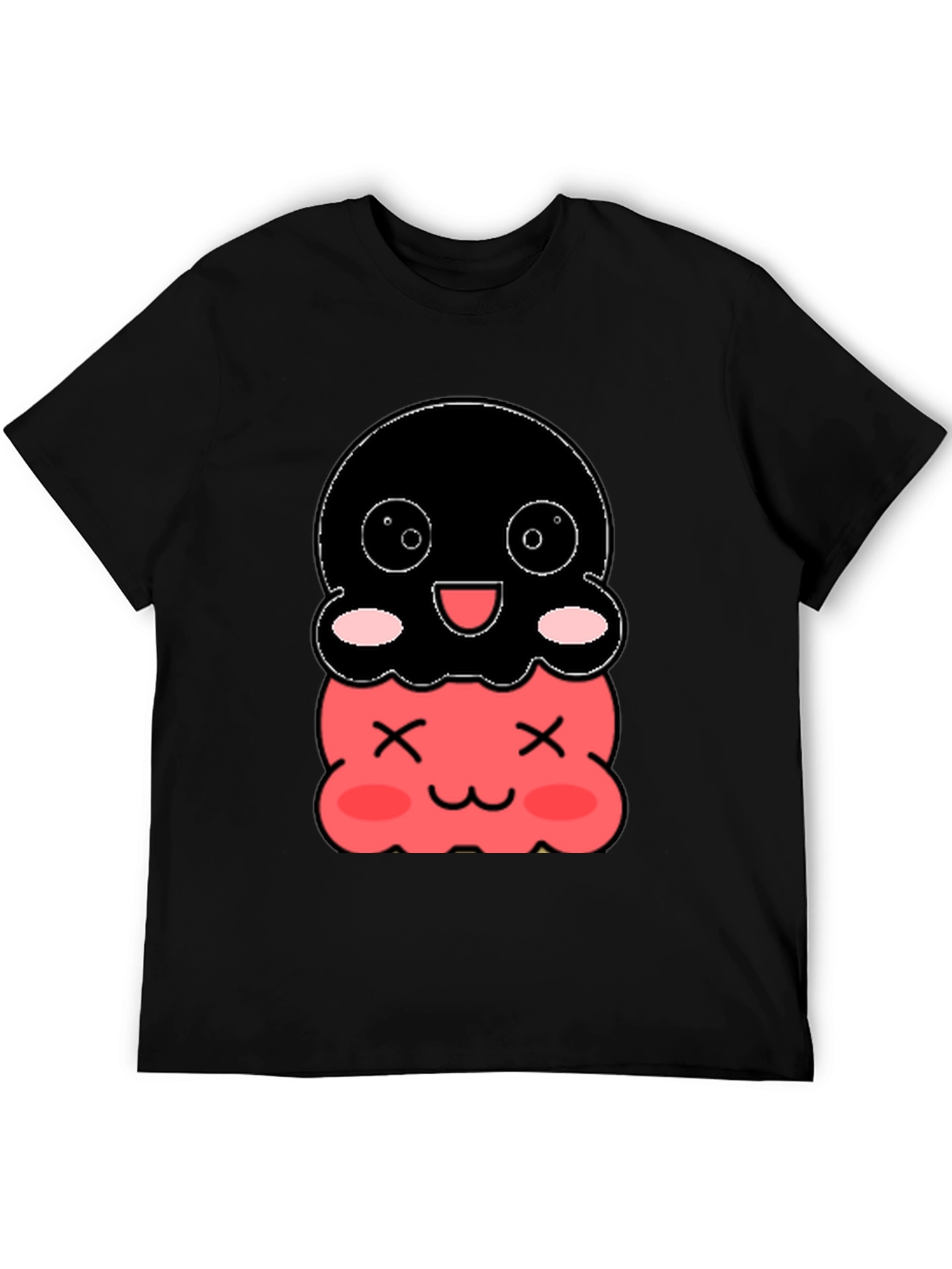 Cute Two-Tiered Kawaii Character Black T-Shirt