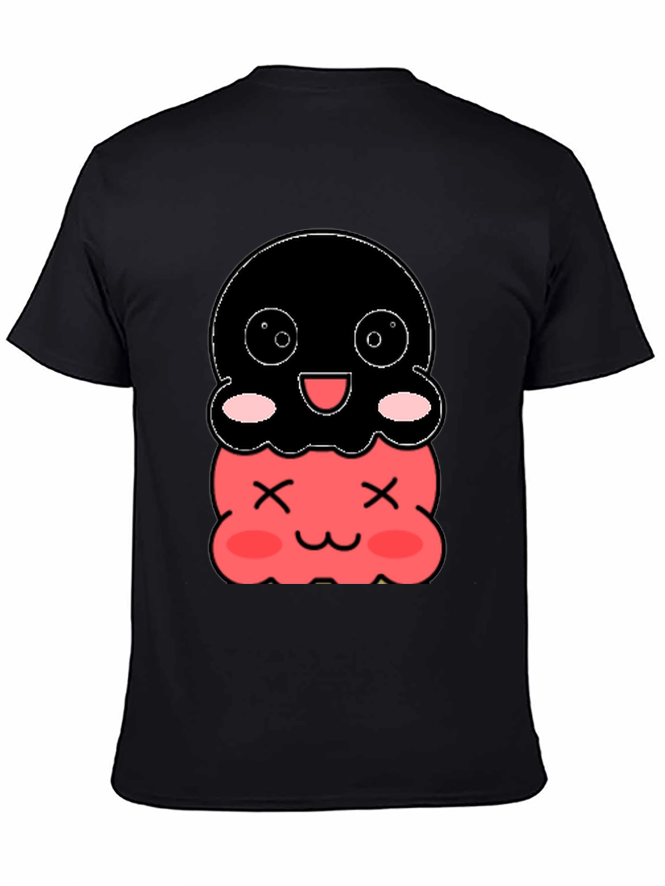 Cute Two-Tiered Kawaii Character Black T-Shirt