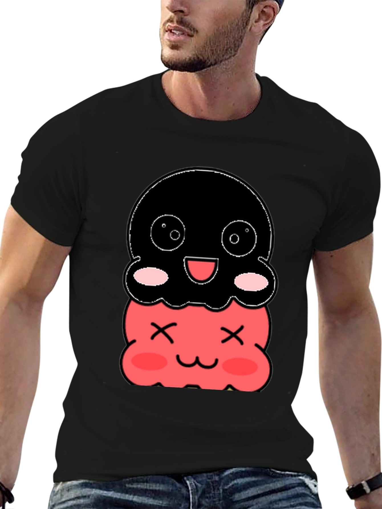 Cute Two-Tiered Kawaii Character Black T-Shirt
