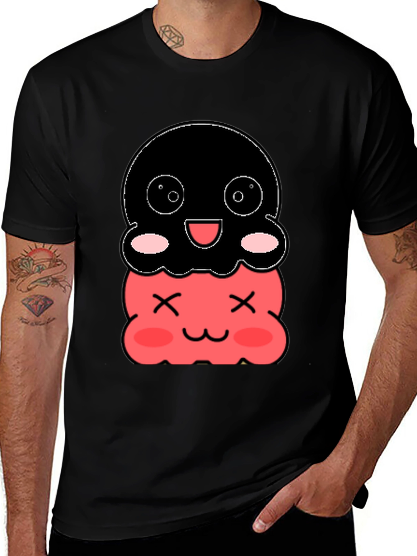 Cute Two-Tiered Kawaii Character Black T-Shirt