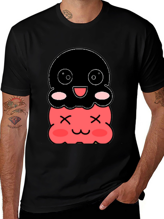 Cute Two-Tiered Kawaii Character Black T-Shirt