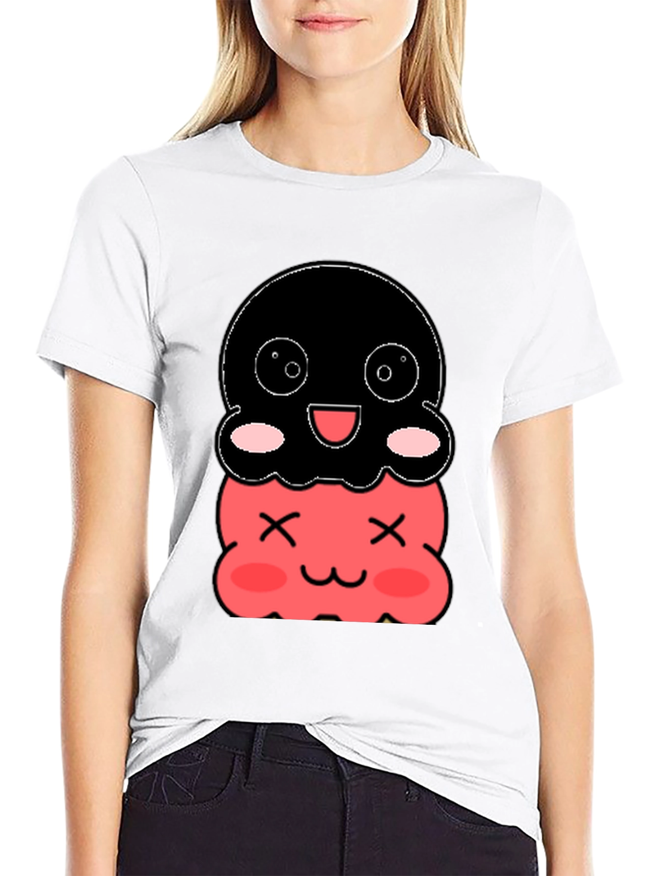 Cute Two-Tiered Kawaii Character Black T-Shirt