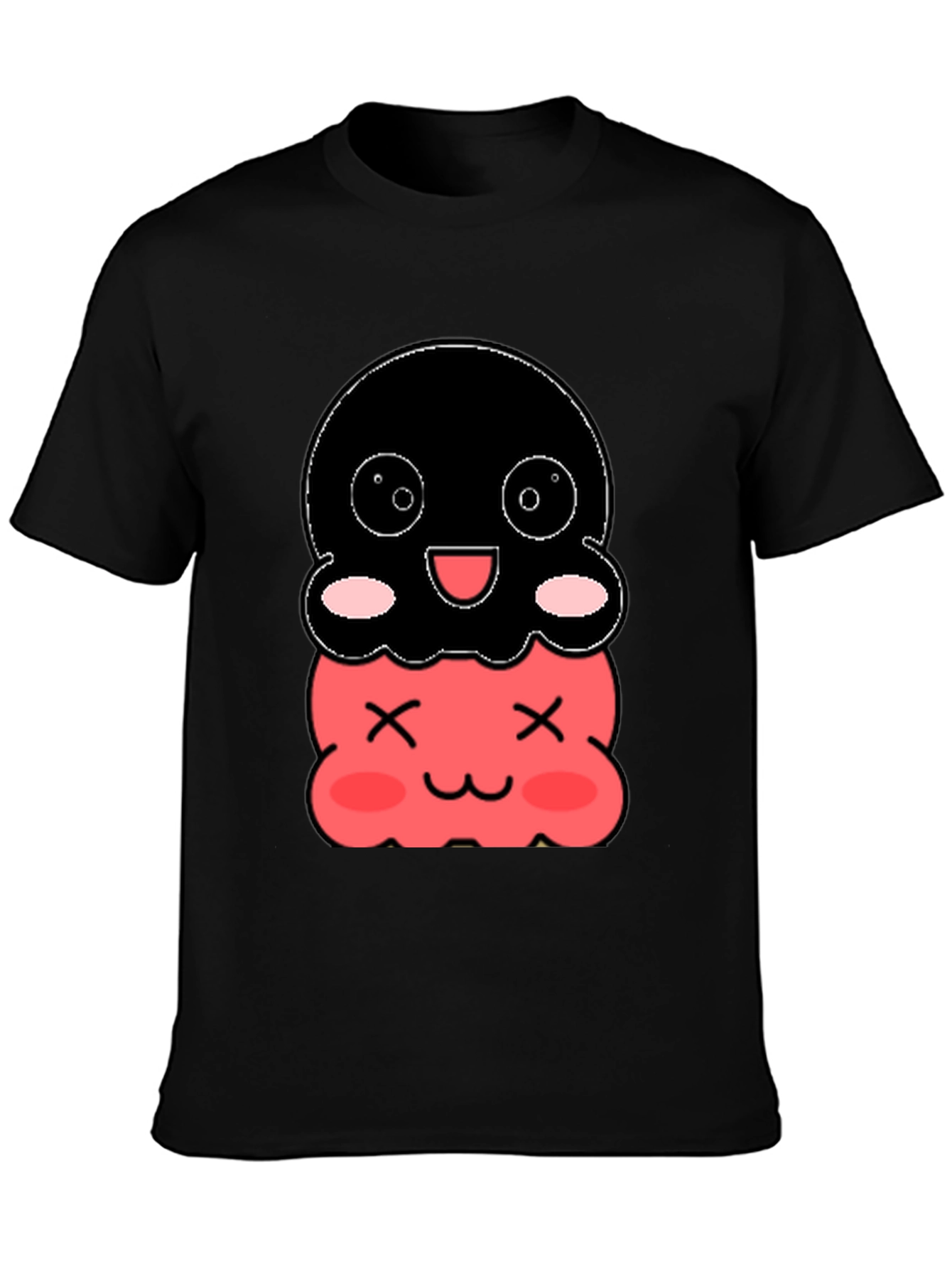 Cute Two-Tiered Kawaii Character Black T-Shirt