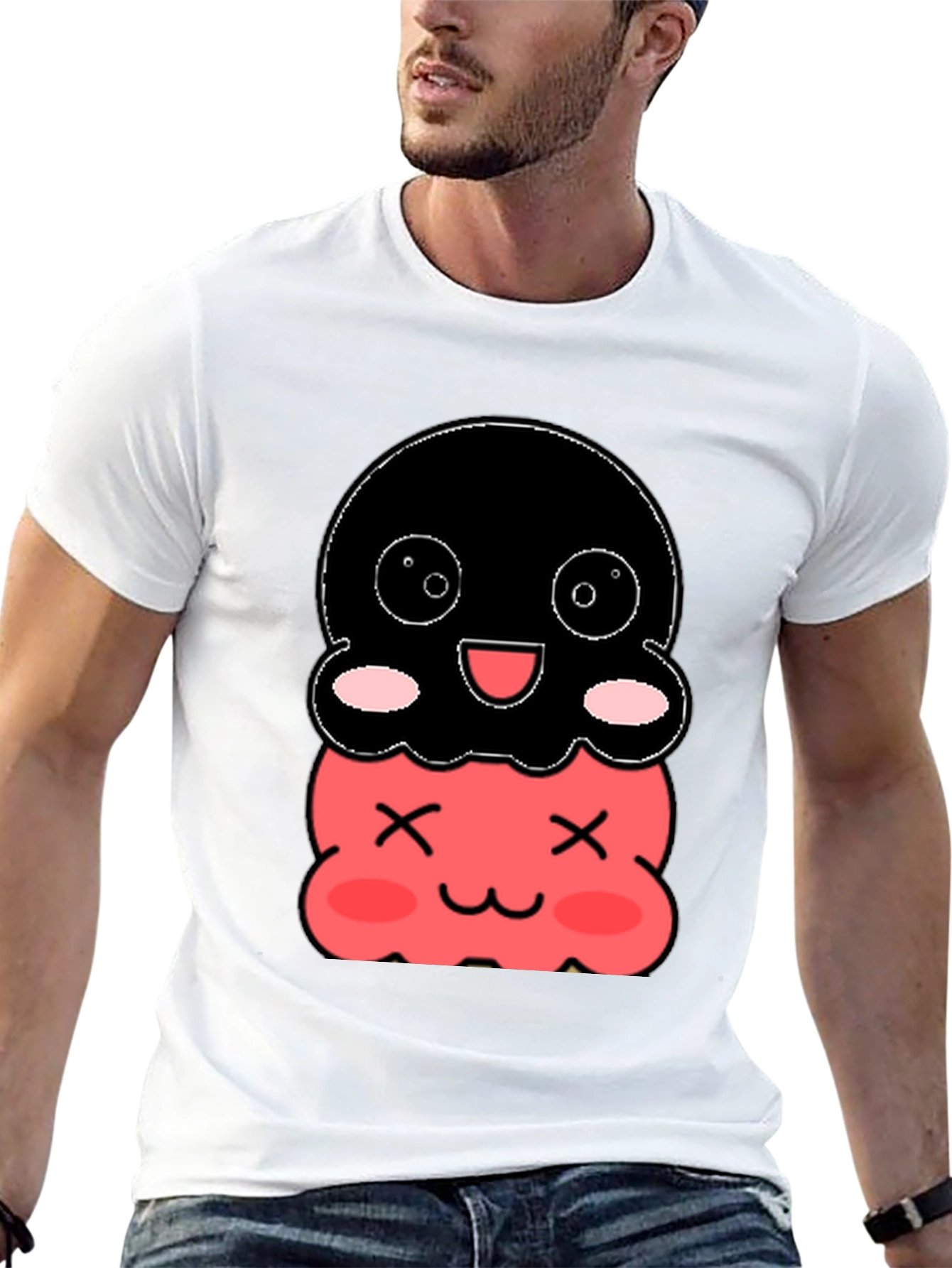 Cute Two-Tiered Kawaii Character Black T-Shirt