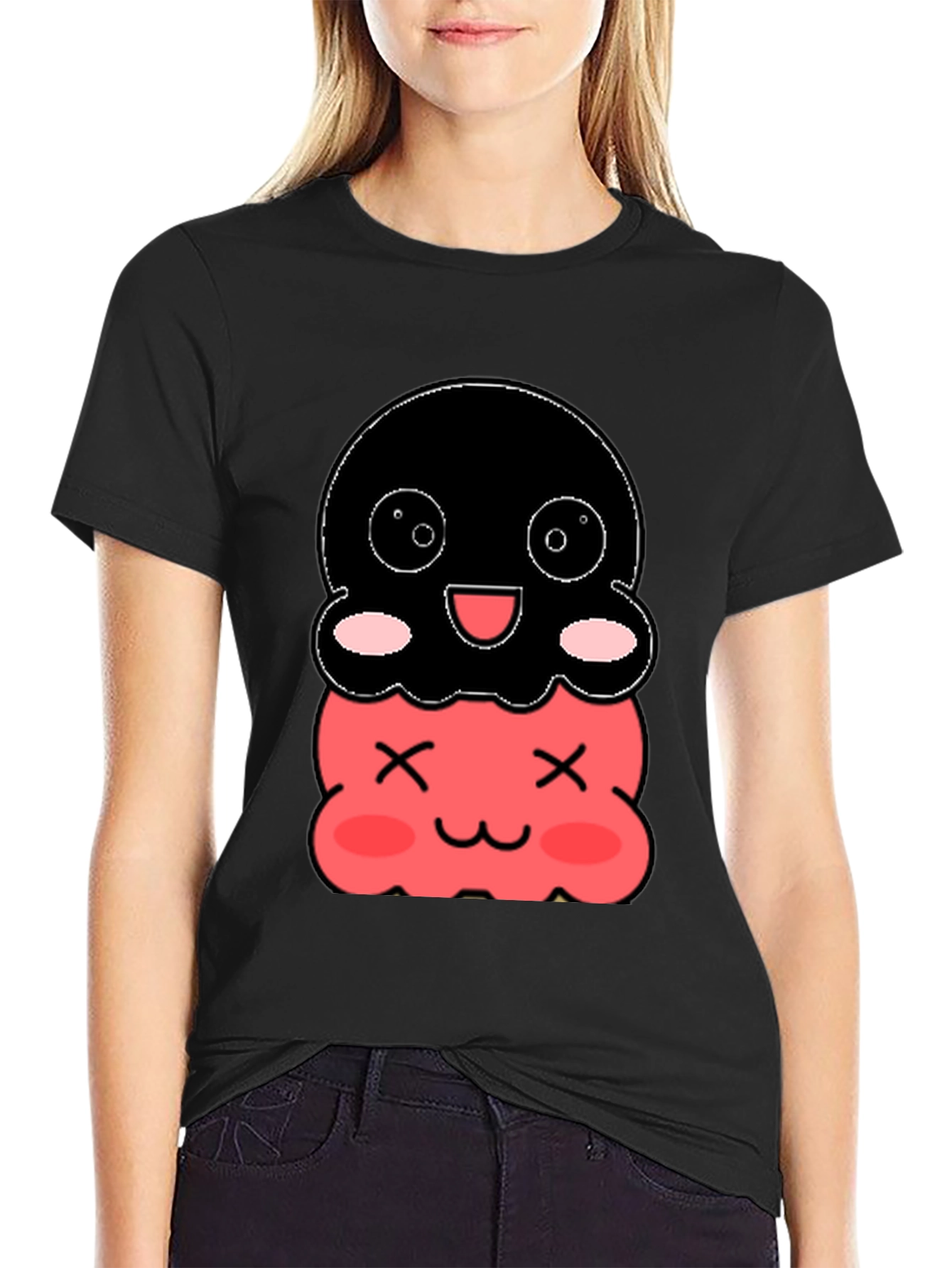 Cute Two-Tiered Kawaii Character Black T-Shirt
