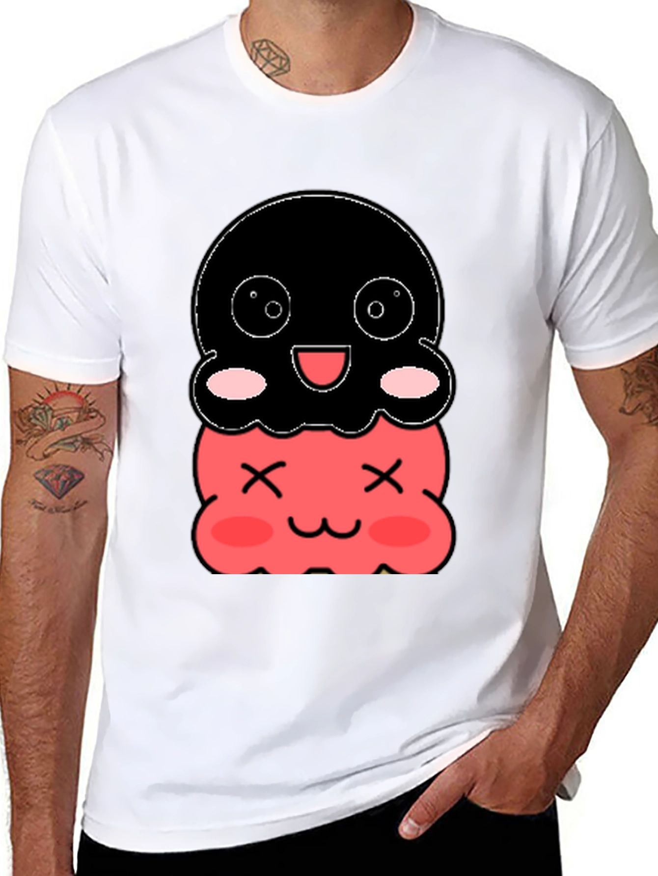 Cute Two-Tiered Kawaii Character Black T-Shirt