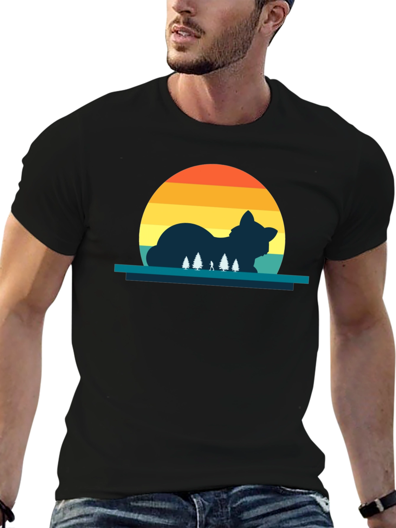 Cat Sunset Silhouette Black T-Shirt
