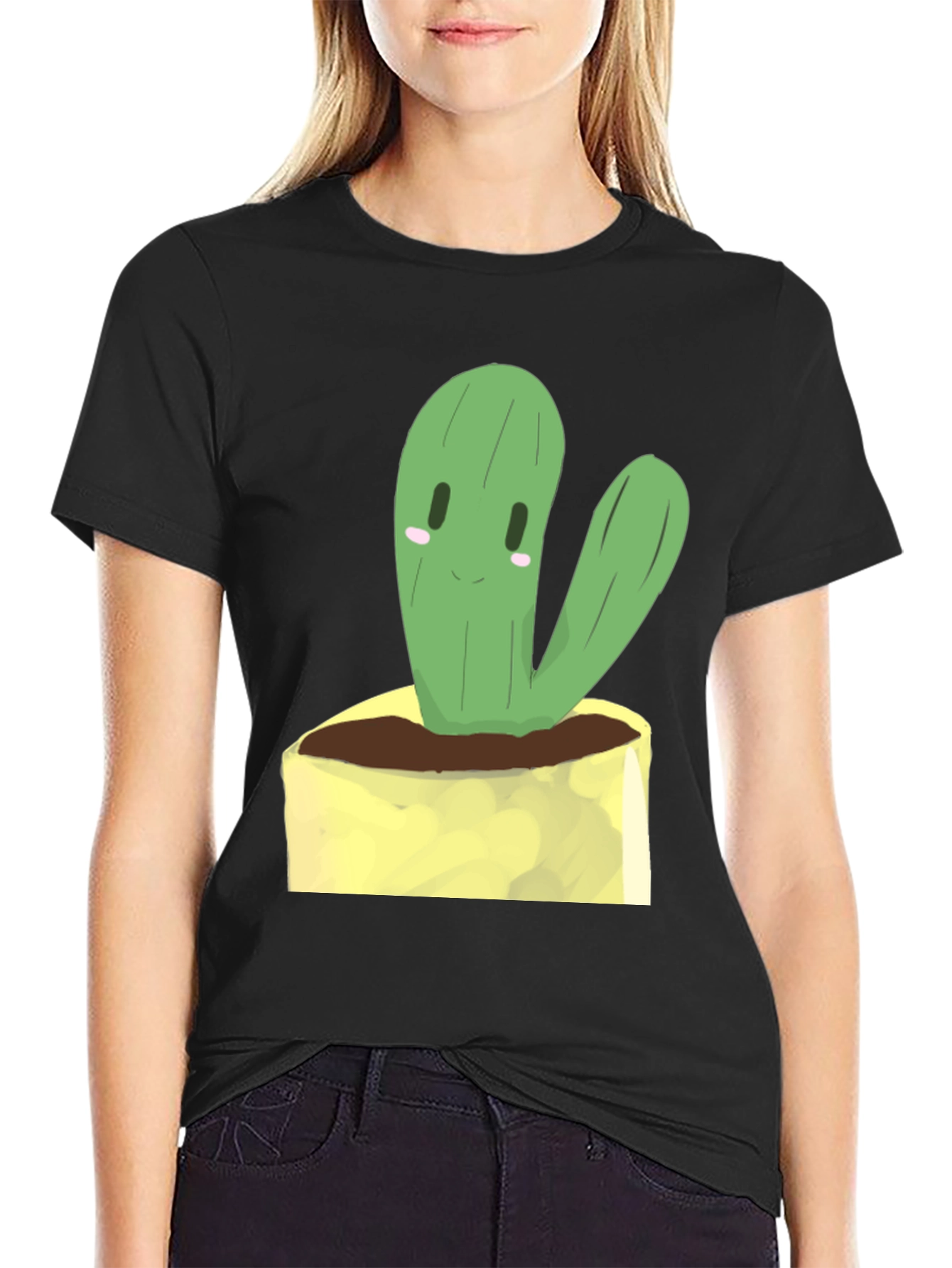 Cute Cactus Graphic Tee - Black Cotton T-Shirt