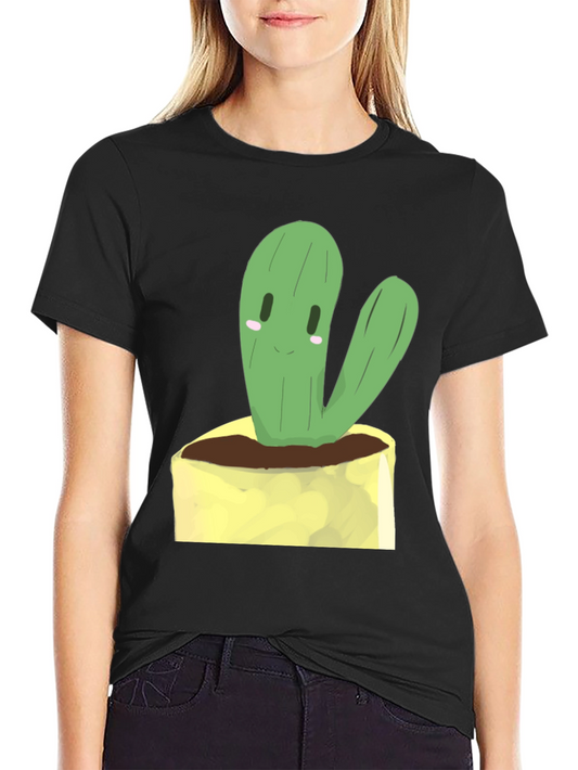 Cute Cactus Graphic Tee - Black Cotton T-Shirt