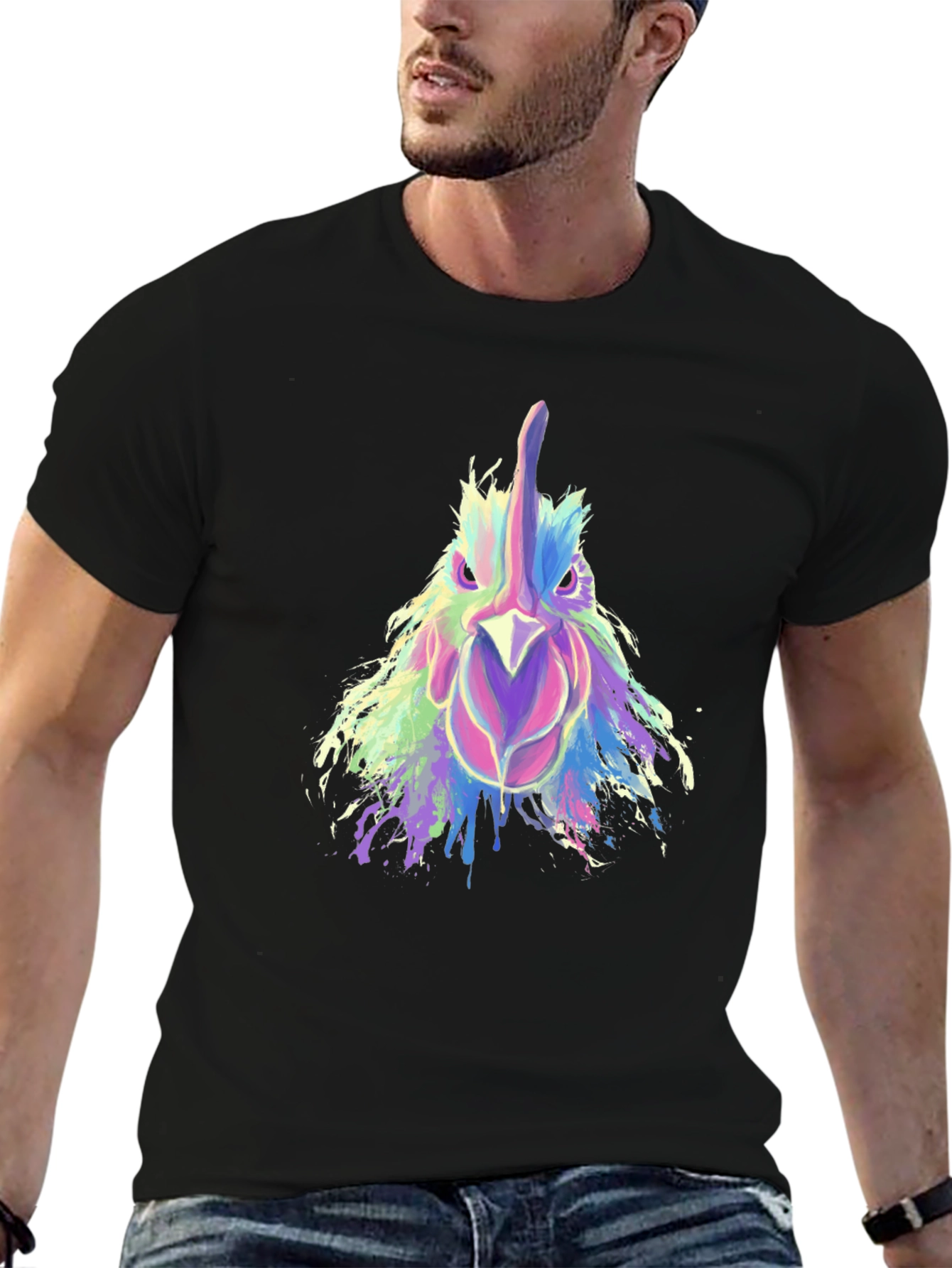 Abstract Rooster Graphic Print Black T-Shirt