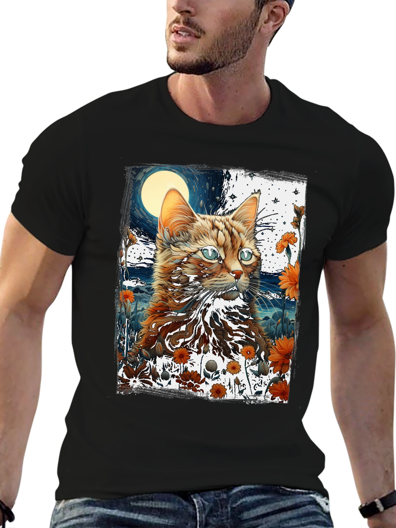 Cat & Moon Graphic Tee - Unique Design