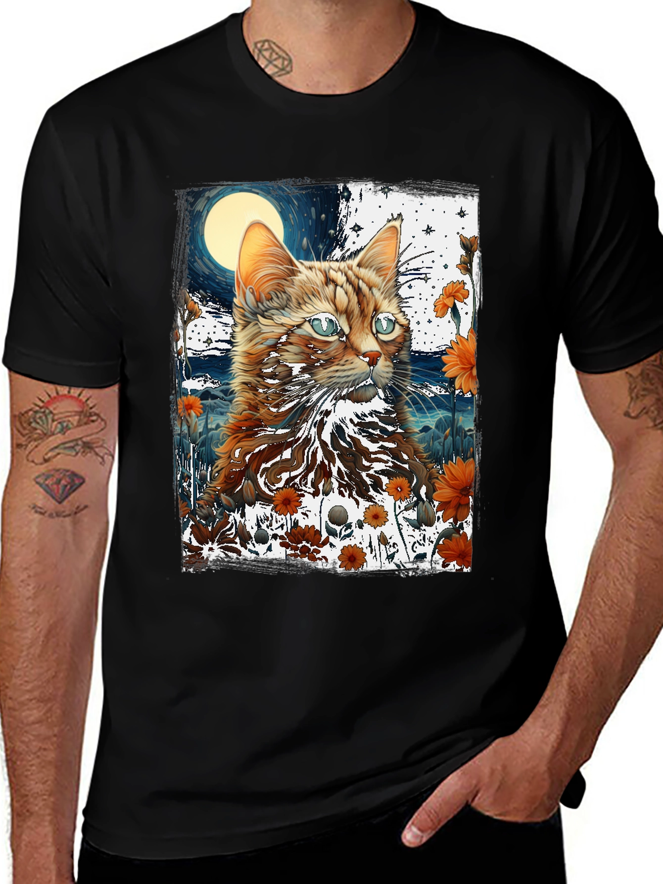 Cat & Moon Graphic Tee - Unique Design