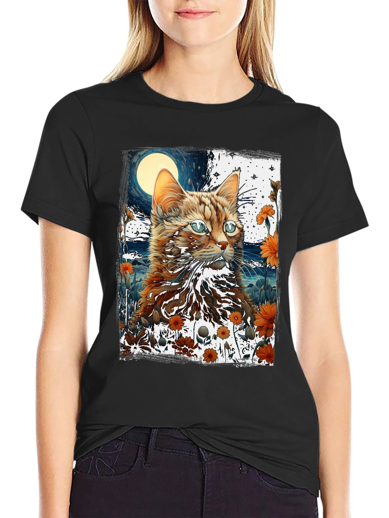 Cat & Moon Graphic Tee - Unique Design