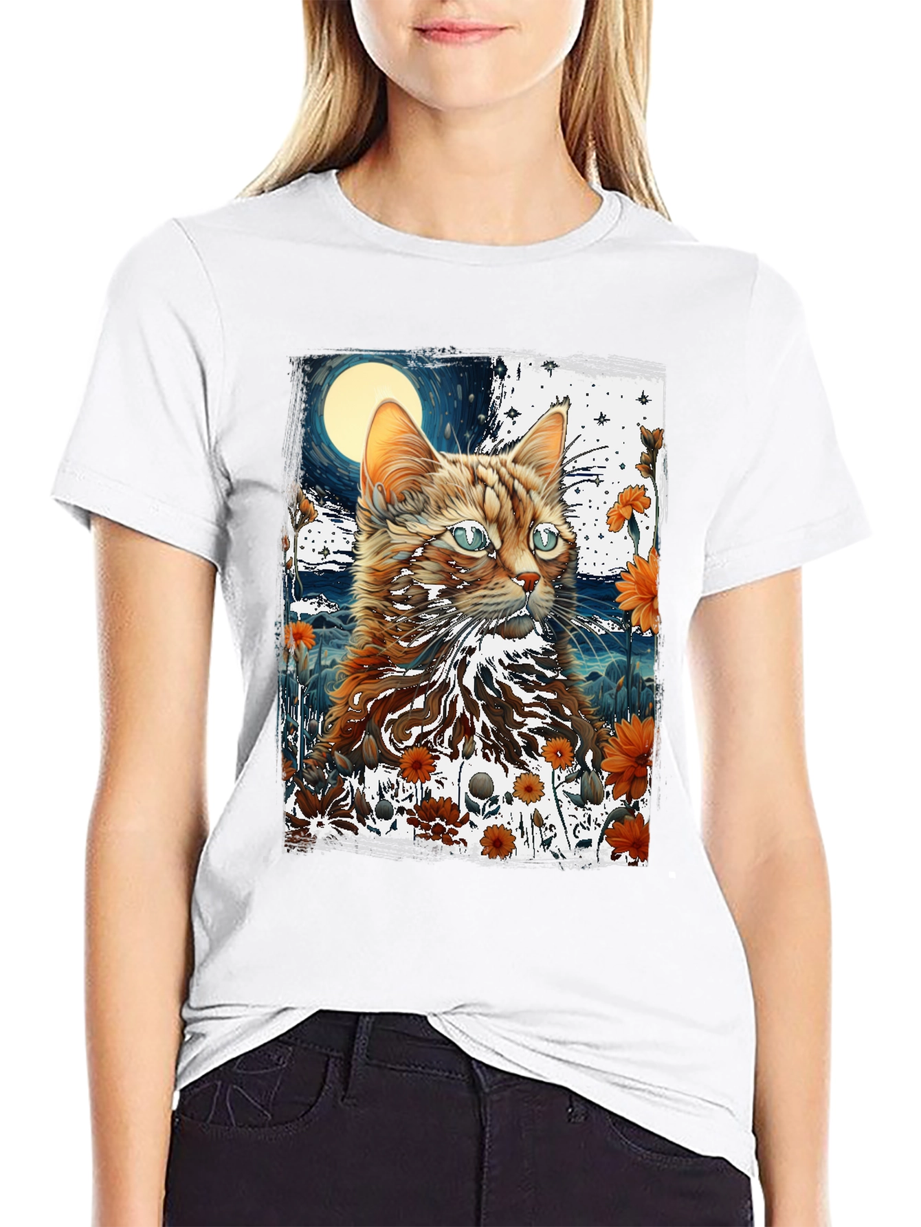 Cat & Moon Graphic Tee - Unique Design