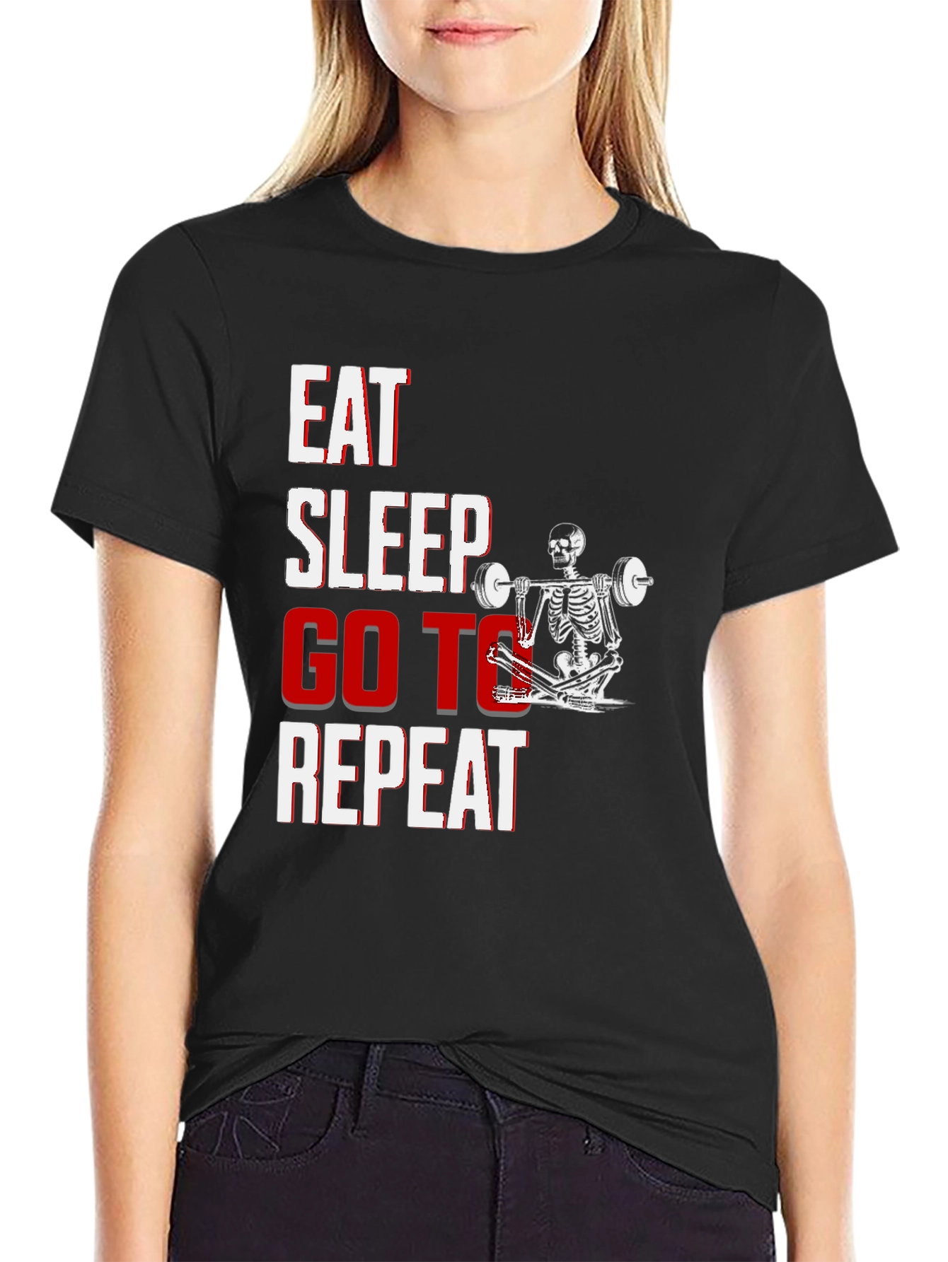 Eat Sleep Go To Repeat Skeleton Gym T-Shirt