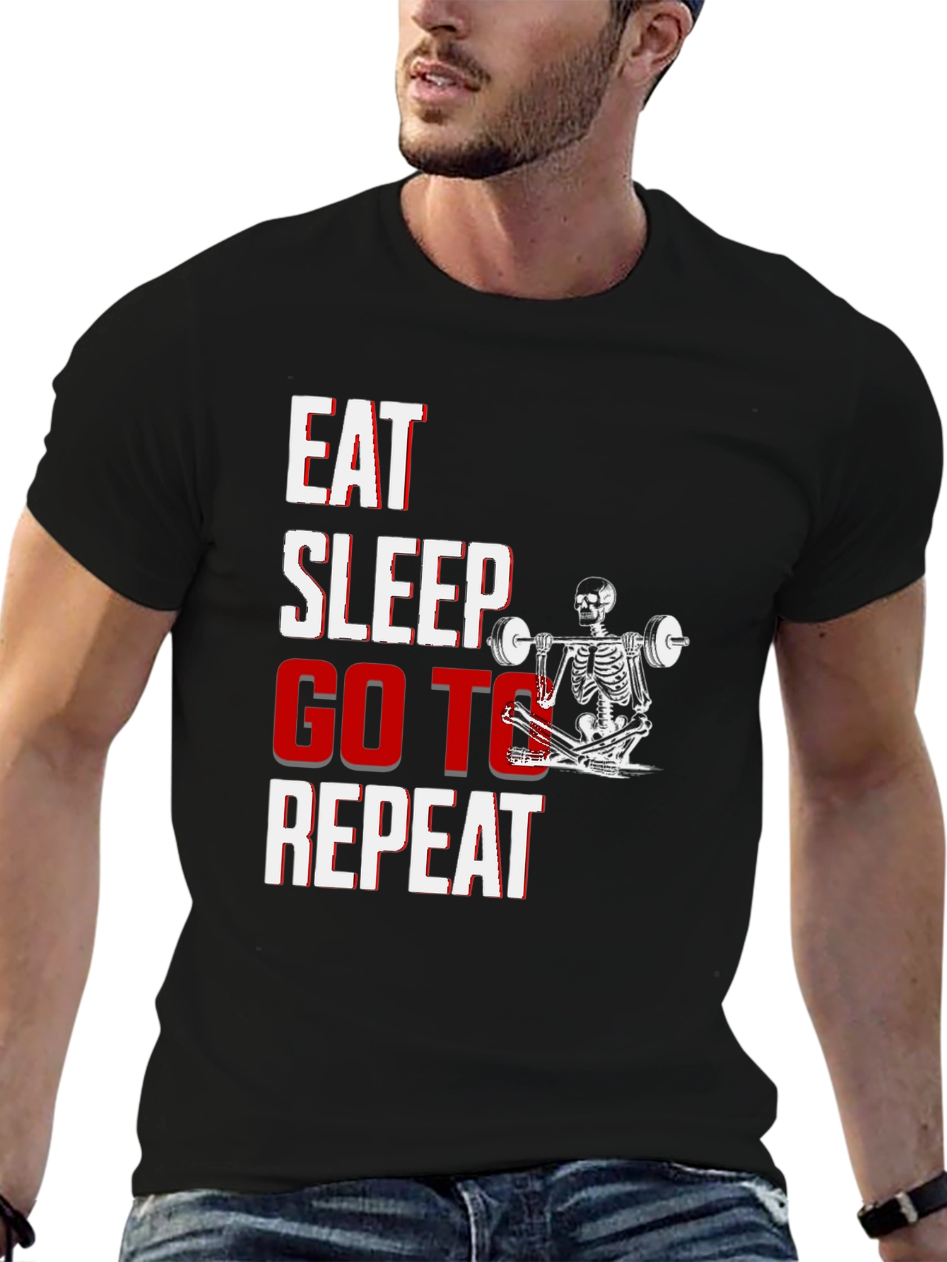 Eat Sleep Go To Repeat Skeleton Gym T-Shirt