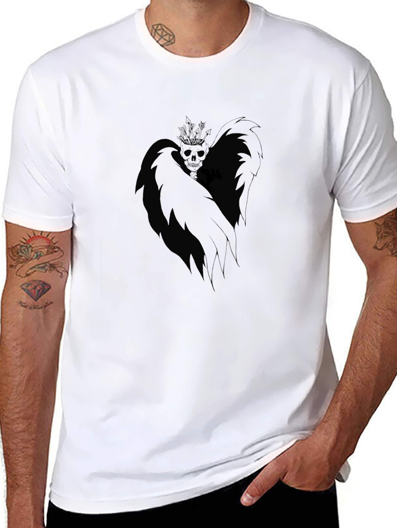 Mens Black Graphic T-Shirt - Winged Skull Design