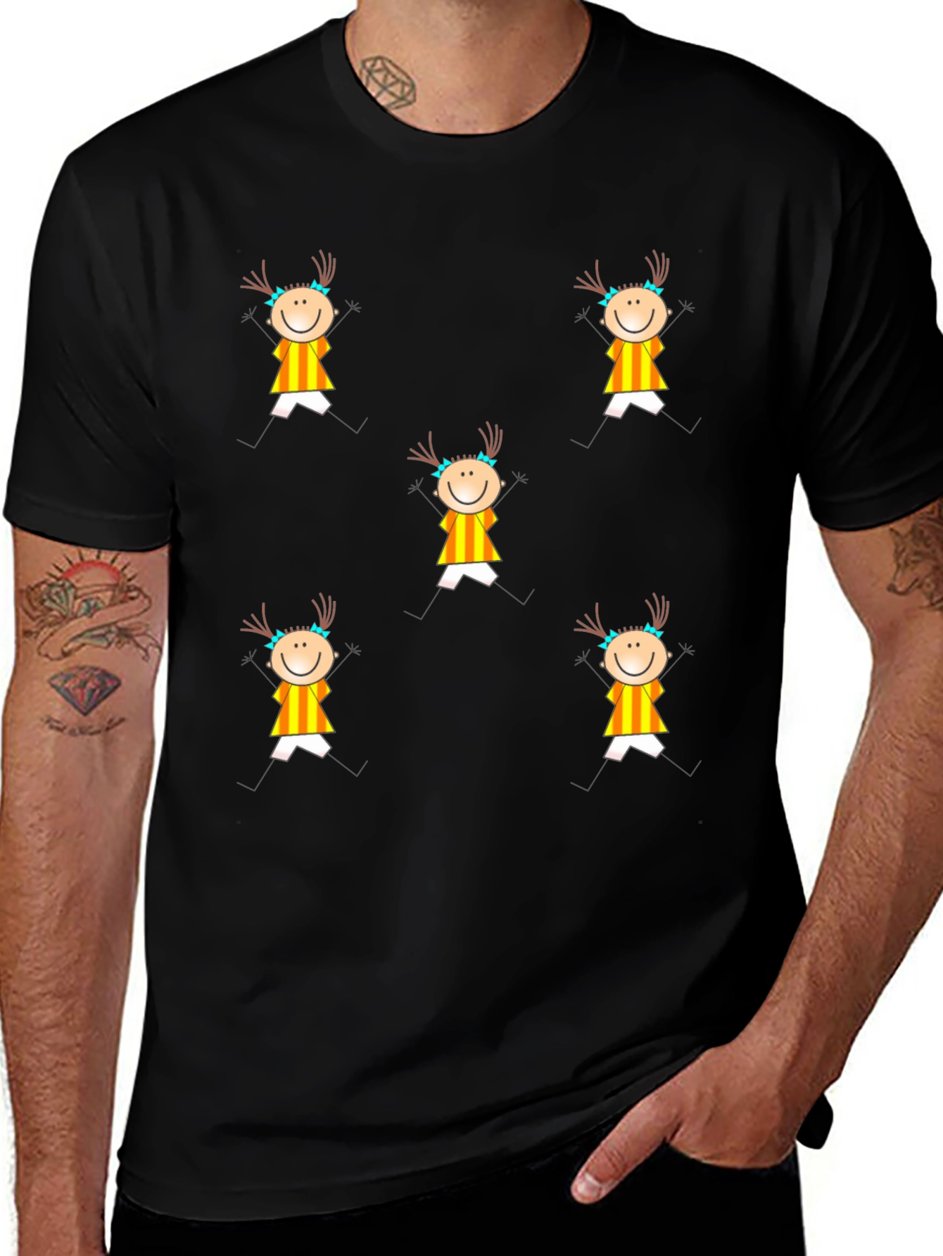 Fun Stick Figure Patterned Black T-Shirt