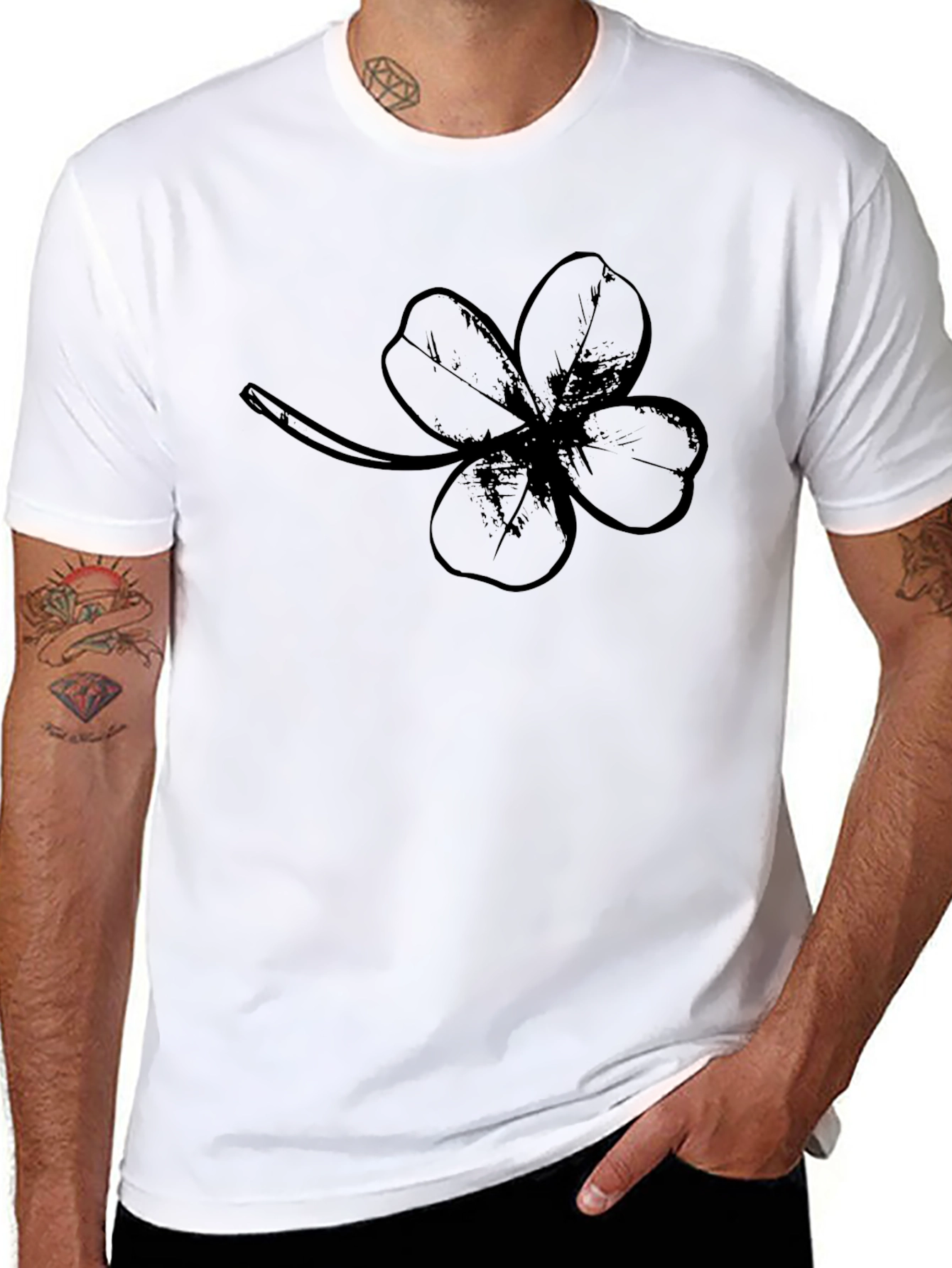 Lucky Four Leaf Clover Graphic Tee - Black Cotton
