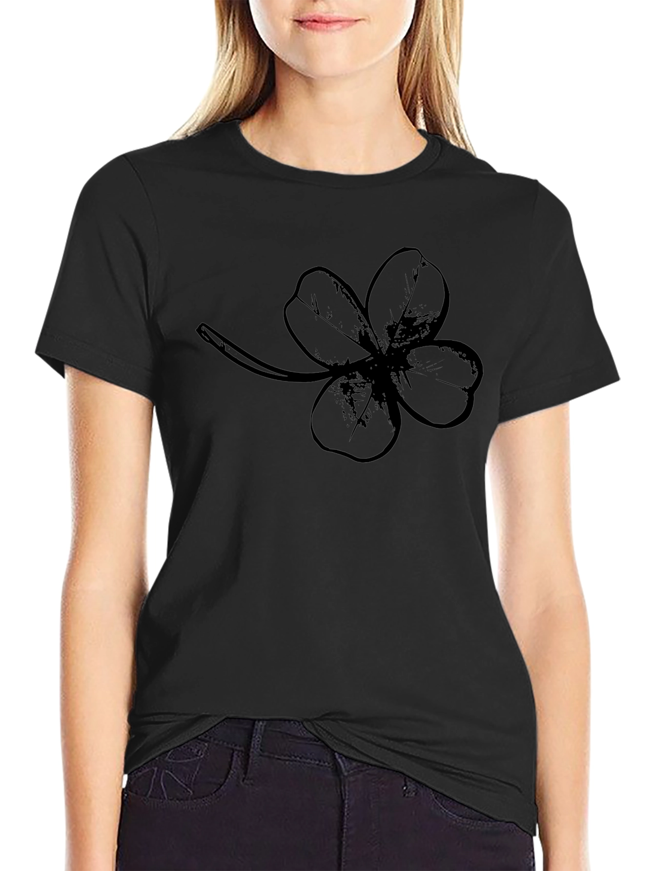 Lucky Four Leaf Clover Graphic Tee - Black Cotton