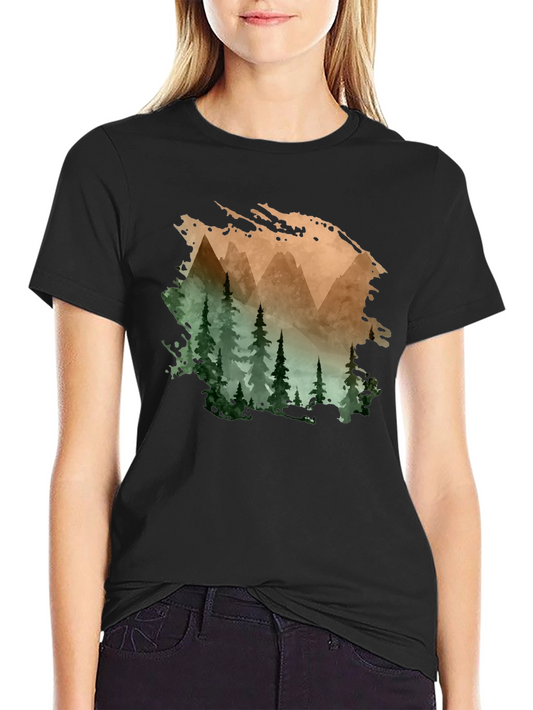 Mountain & Forest Print Black T-Shirt