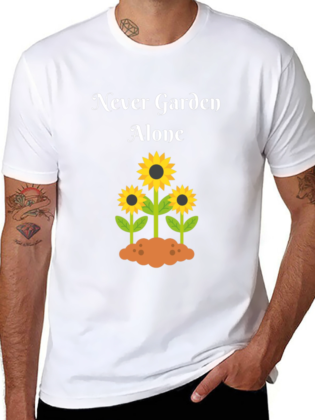 Never Garden Alone T-Shirt with Sunflower Design