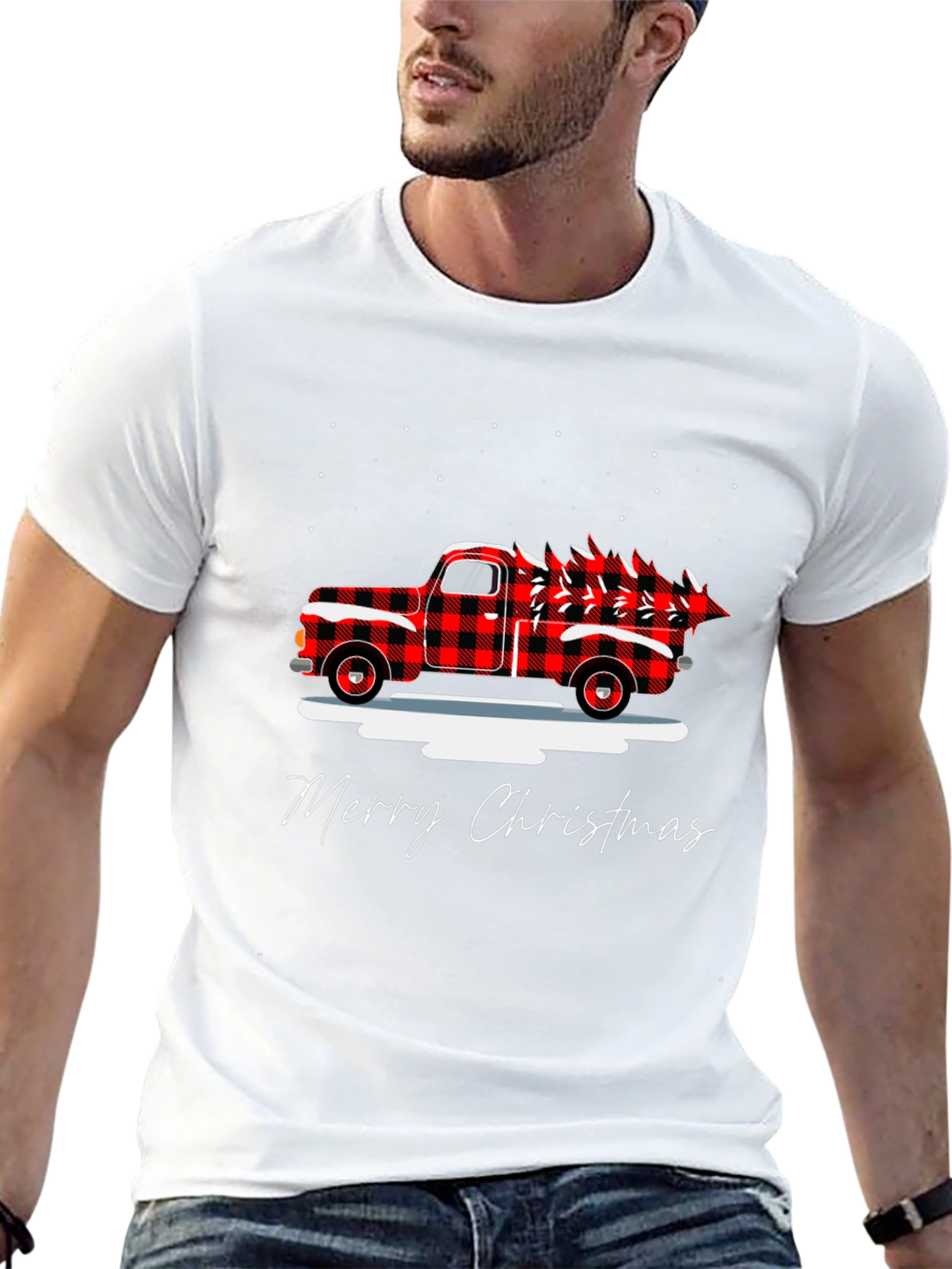 Merry Christmas Buffalo Plaid Truck Holiday T-Shirt