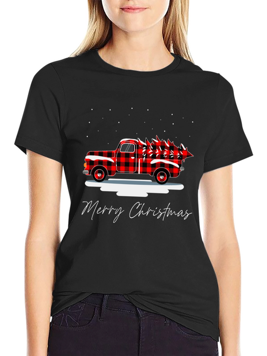 Merry Christmas Buffalo Plaid Truck Holiday T-Shirt