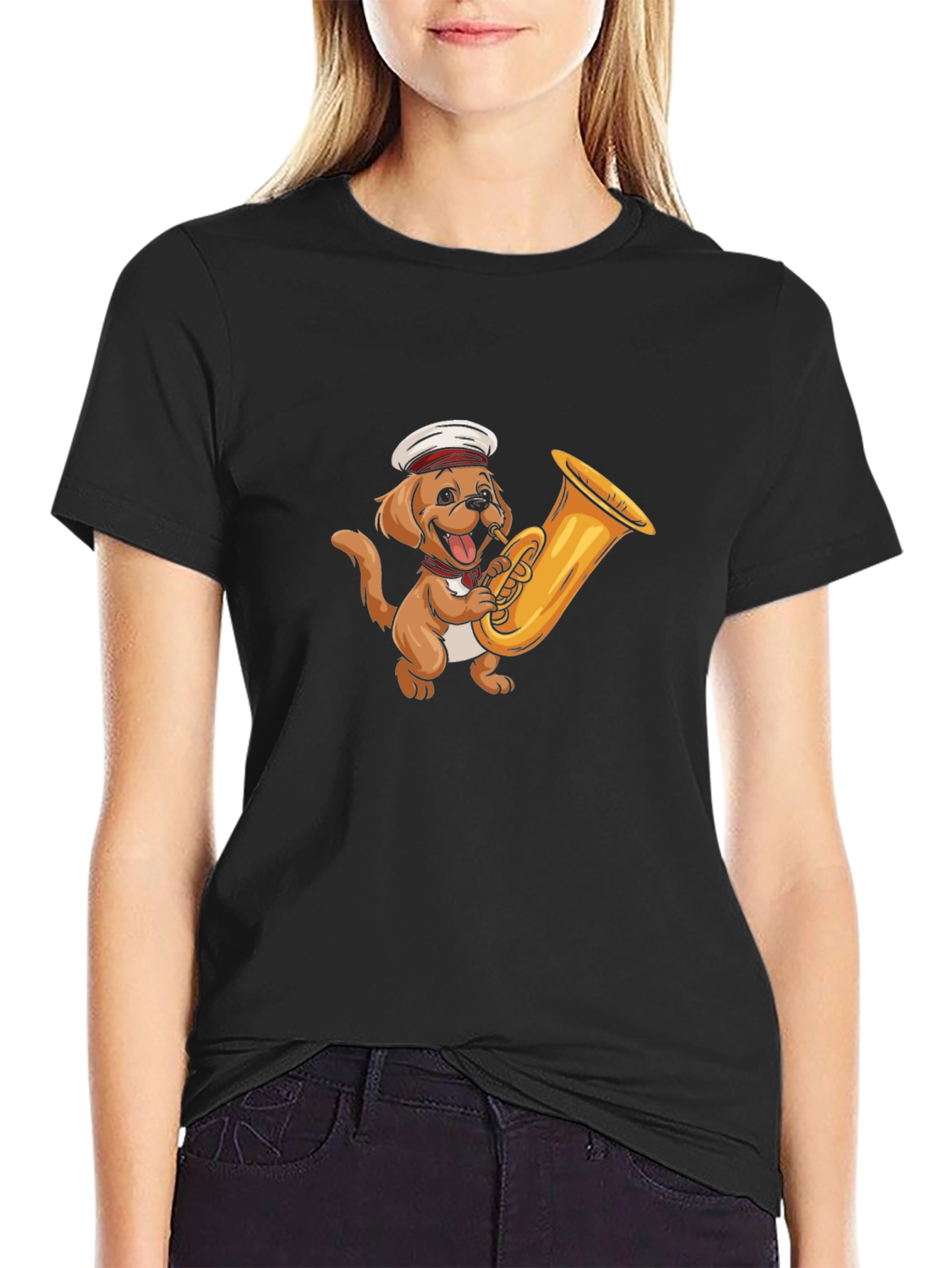 Dog with Tuba Black T-Shirt