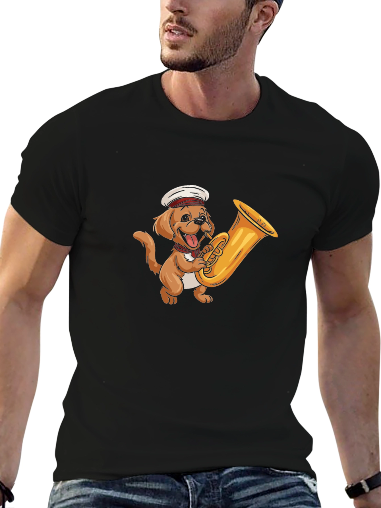 Dog with Tuba Black T-Shirt