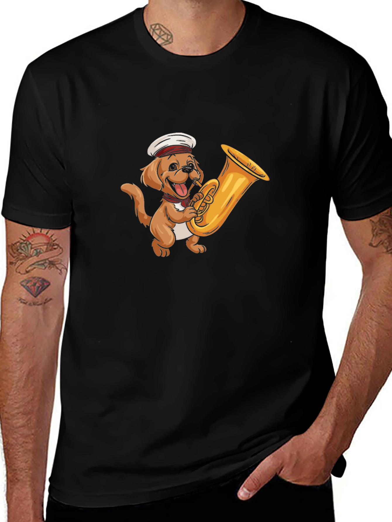 Dog with Tuba Black T-Shirt
