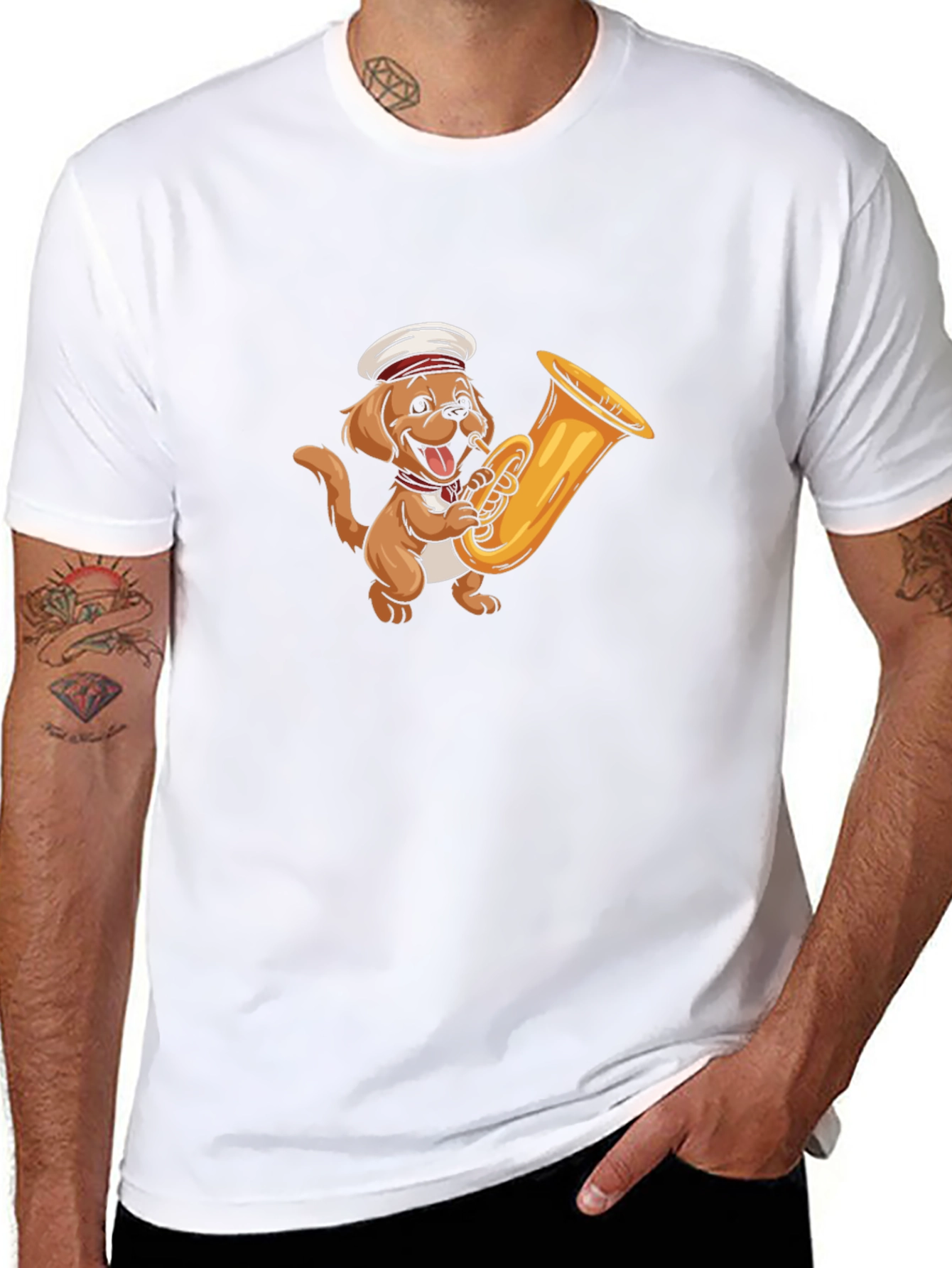 Dog with Tuba Black T-Shirt